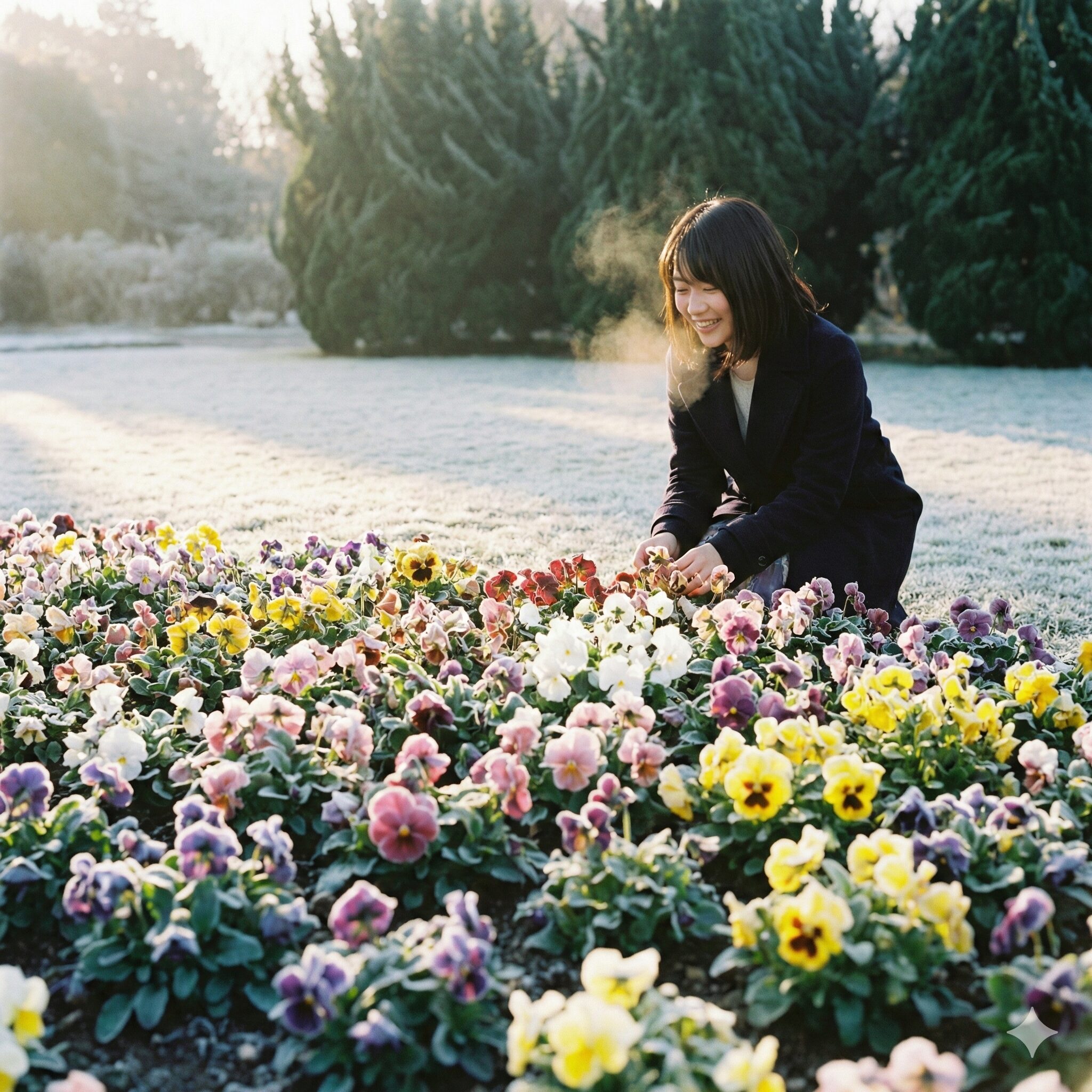 パンジー 花壇 冬の花壇 レイアウト1　冬の柔らかな日差しに映えるパンジーとビオラのおしゃれな花壇レイアウト