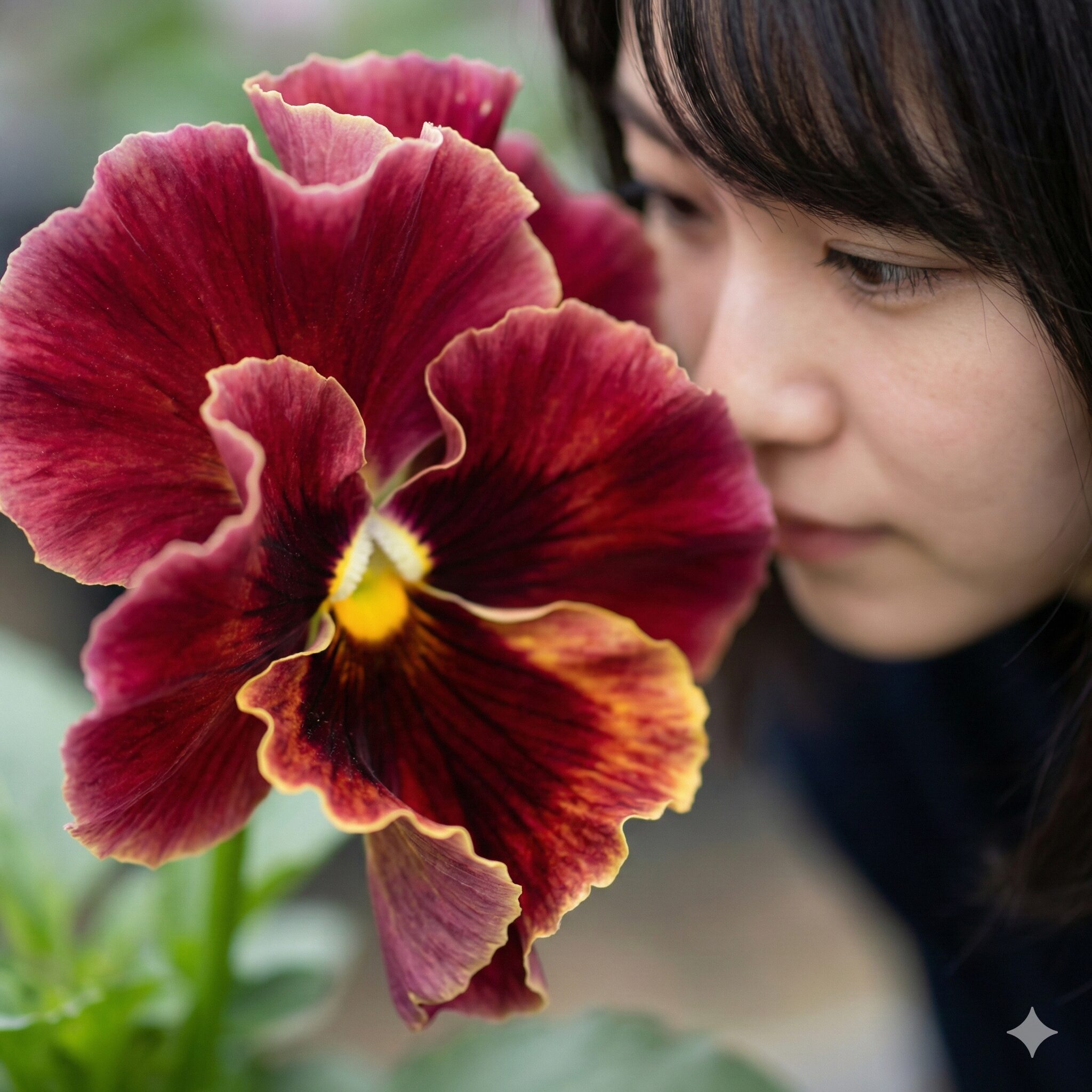 パンジー 花壇 冬の花壇 レイアウト2　繊細なフリルと複雑な色彩が特徴的な最新ブランドパンジーのアップ写真