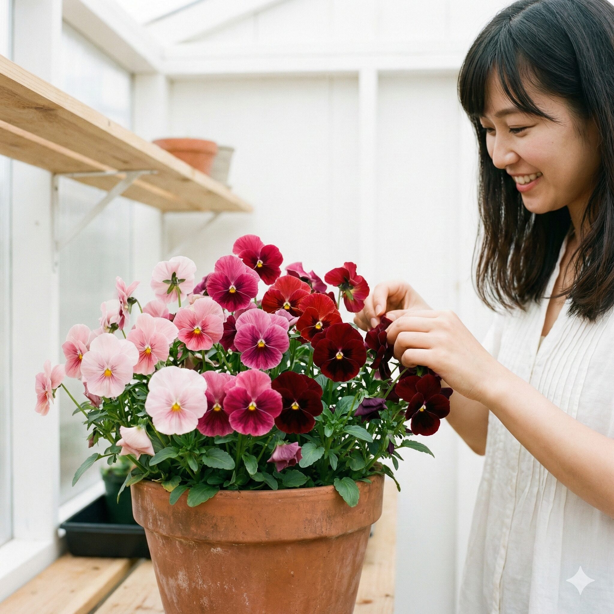 パンジー 花壇 冬の花壇 レイアウト3　ピンクからボルドーの階調で統一された上品なパンジーの同系色レイアウト