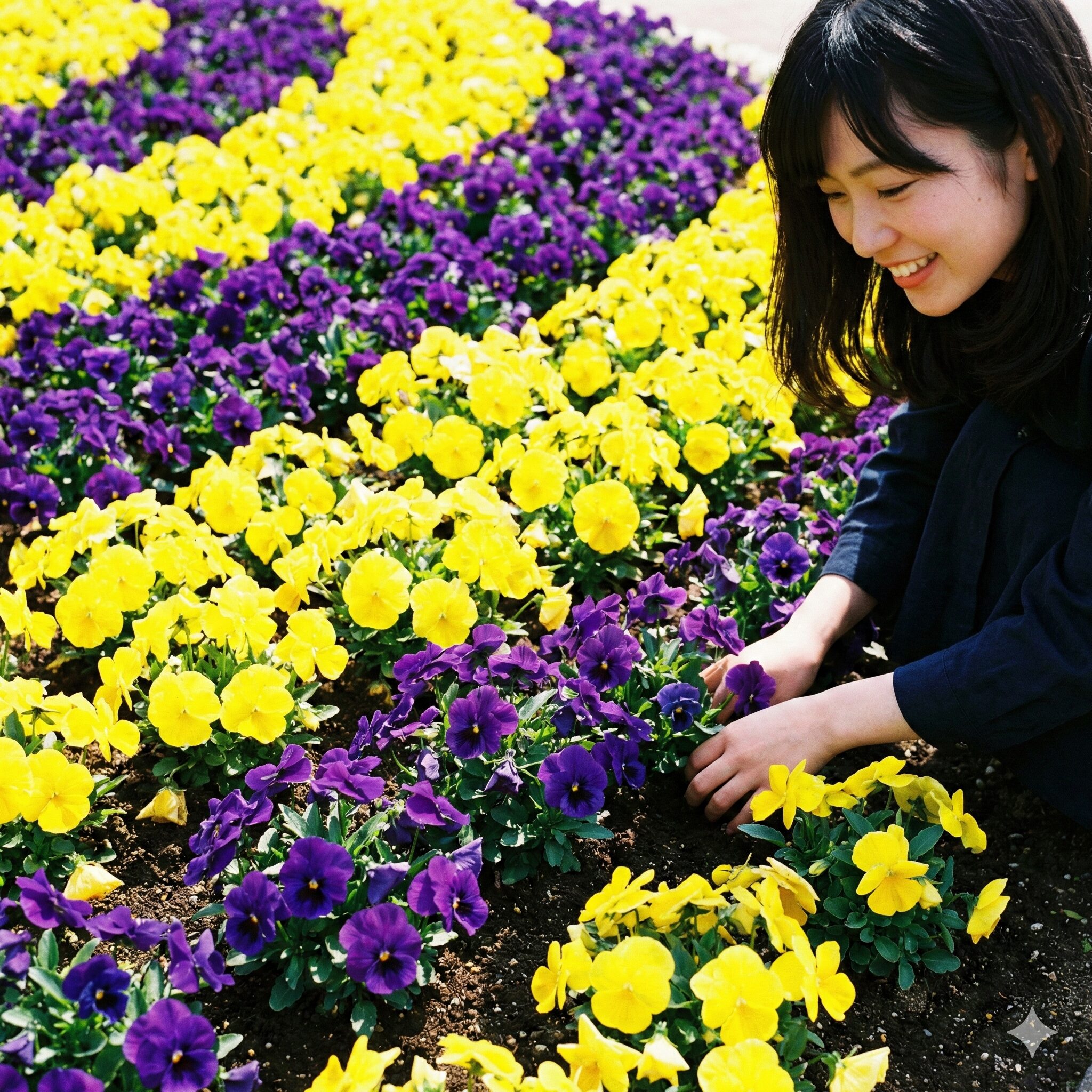 パンジー 花壇 冬の花壇 レイアウト4　黄色と紫の反対色を組み合わせてコントラストを際立たせたパンジー花壇