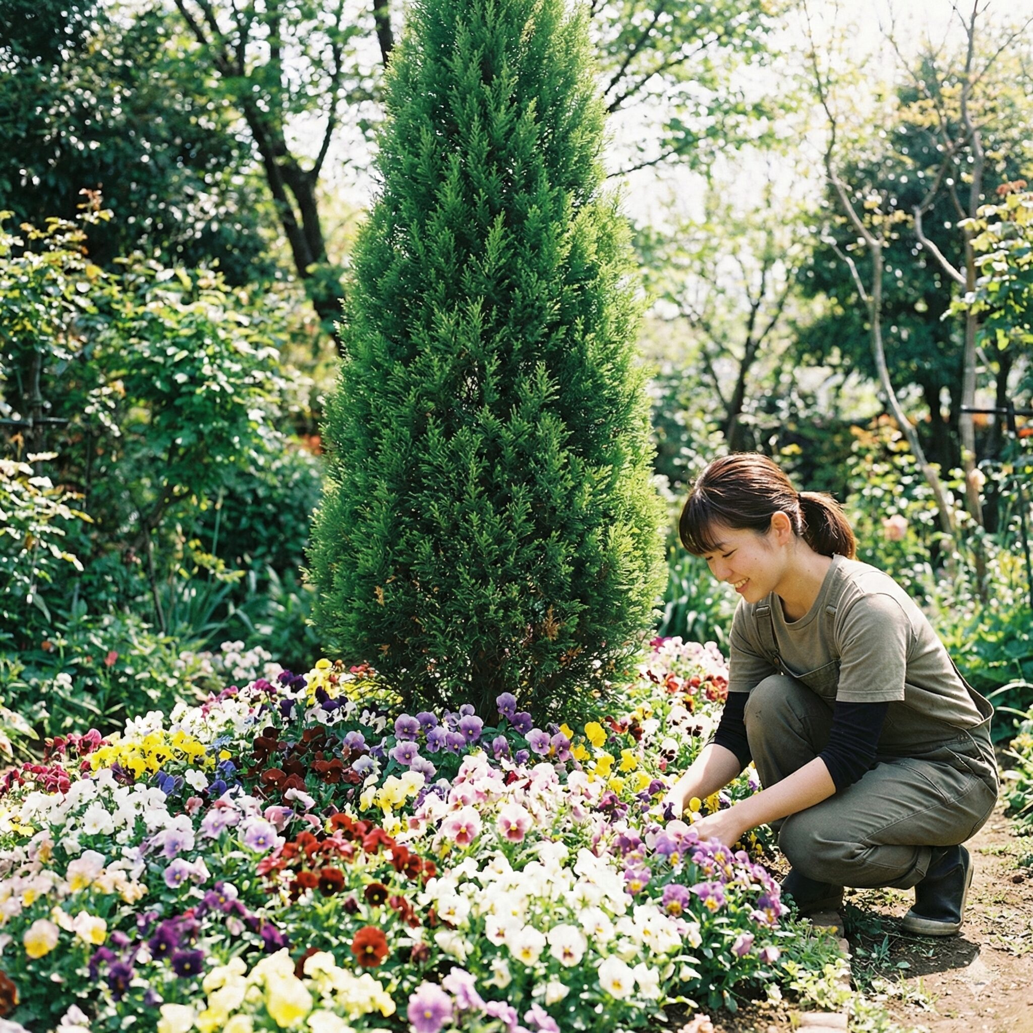 パンジー 花壇 冬の花壇 レイアウト6　コニファーとパンジーを組み合わせて高低差を出した立体的な冬の花壇