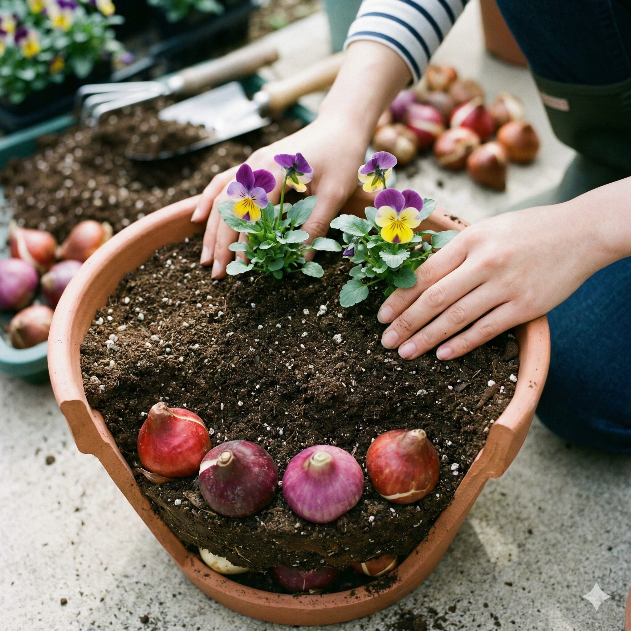 パンジー 花壇 冬の花壇 レイアウト8　チューリップの球根とパンジーを二層に植えるダブルデッカーの植え付け手順