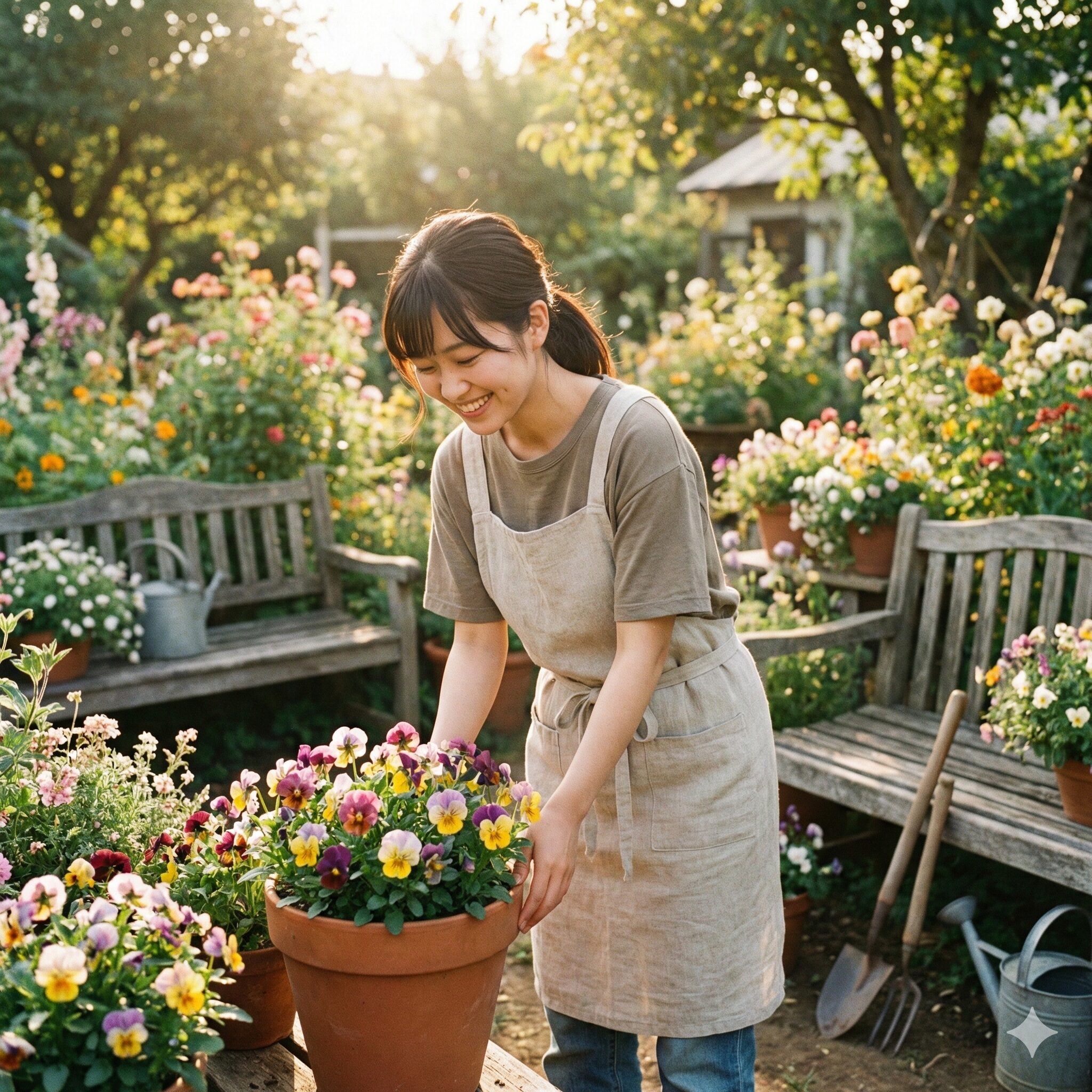 パンジーに似た花1　ガーデニングを楽しむ女性と、色鮮やかなパンジーが咲き誇る冬の庭の風景