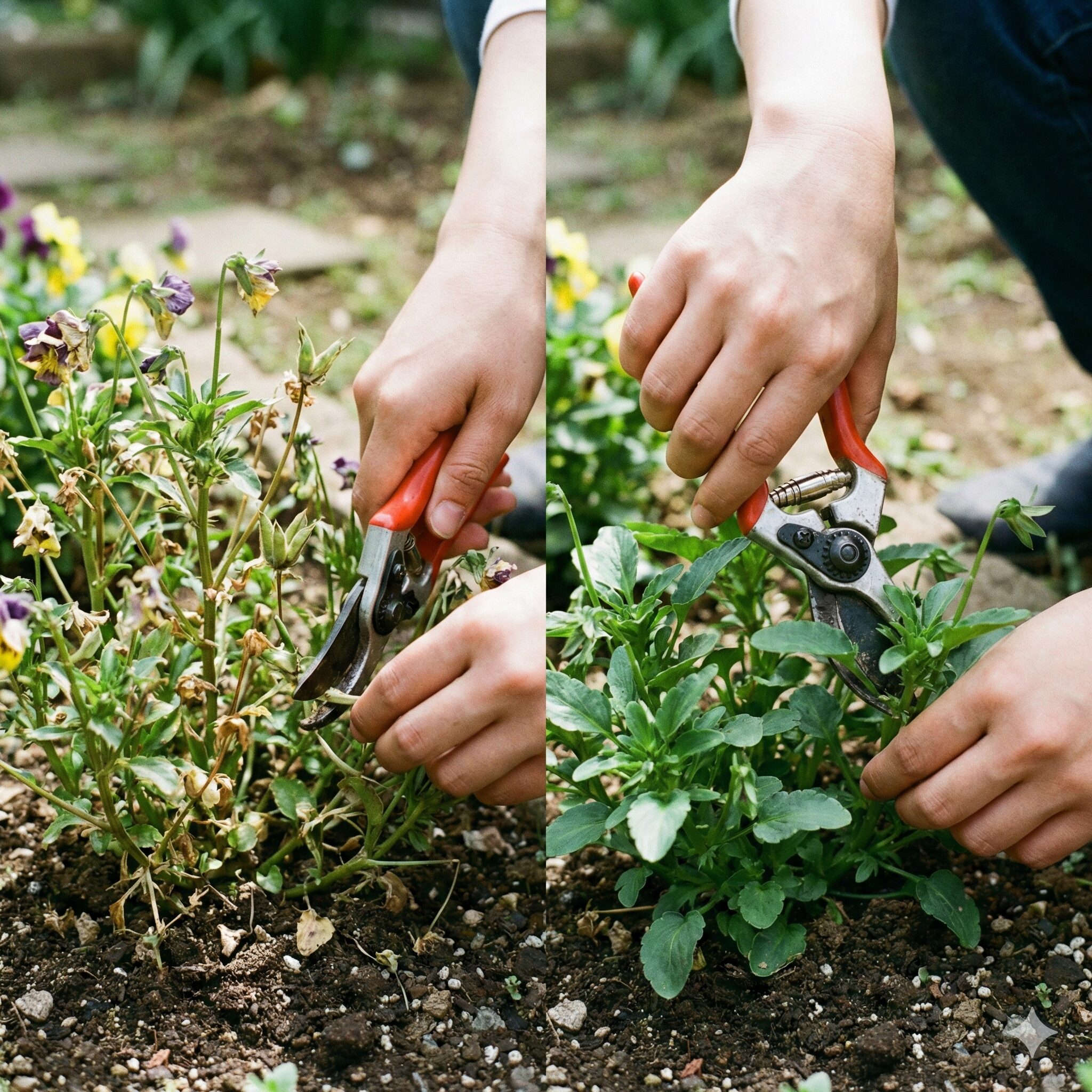 パンジーに似た花10　パンジーを長く咲かせるためにハサミで花がら摘み作業を行う手元