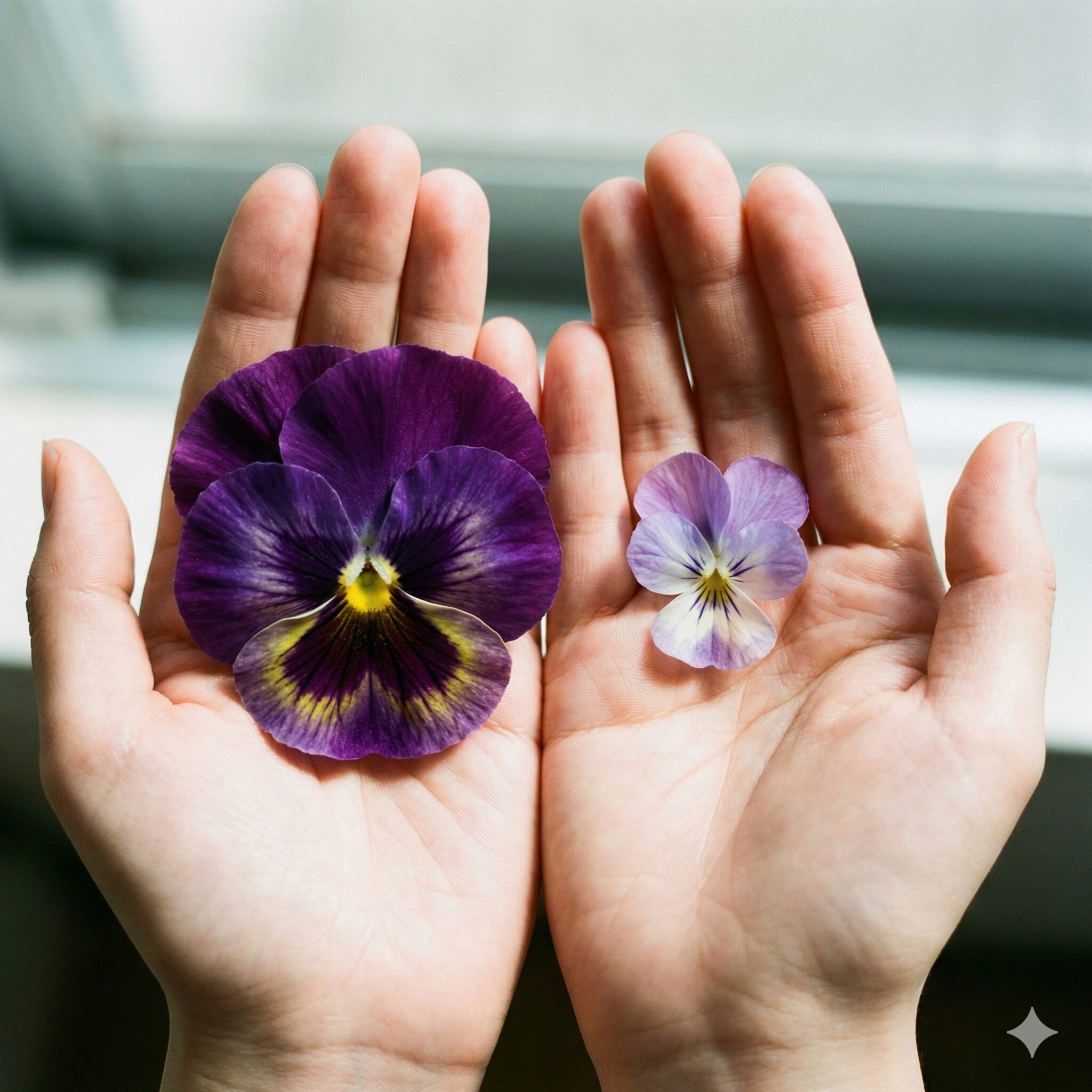 パンジーに似た花2　大きさを比較するために手のひらに並べられた大輪のパンジーと小輪のビオラ
