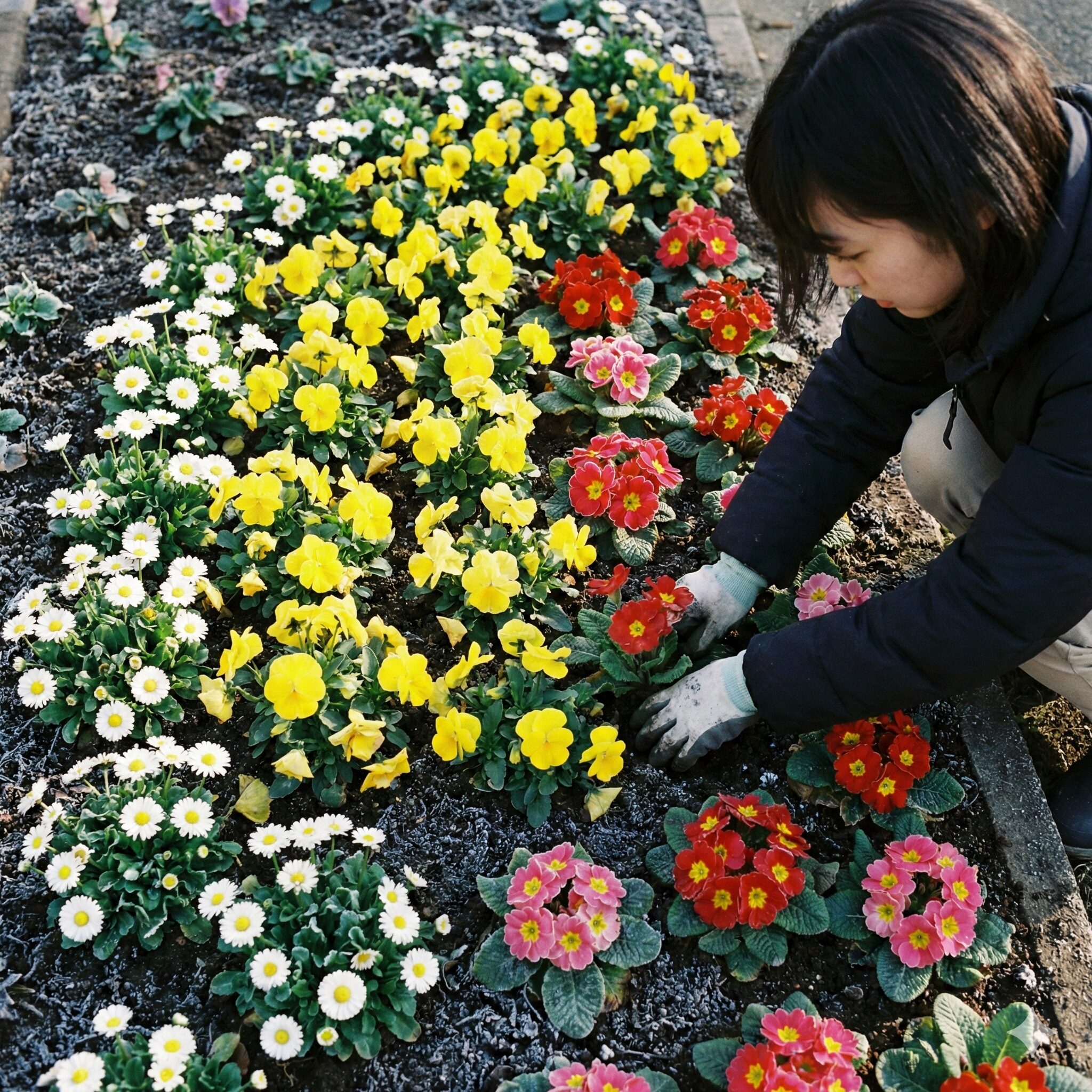 パンジーに似た花5　パンジー、ノースポール、プリムラ・ジュリアンを組み合わせた冬の華やかな花壇