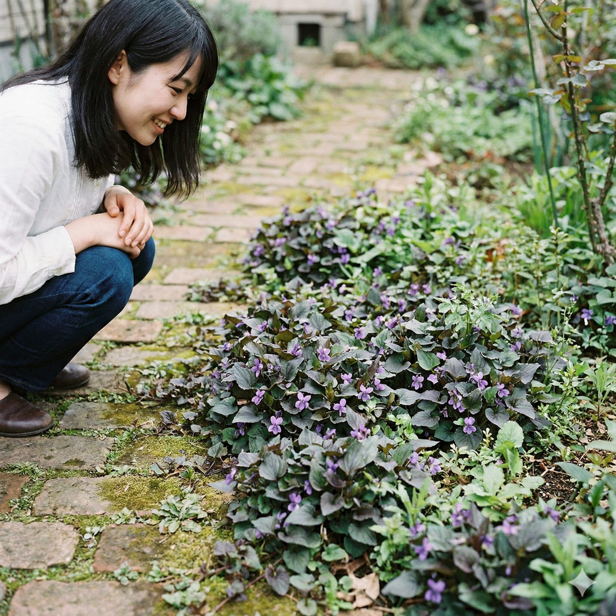 パンジーに似た花8　庭の小道沿いに植えっぱなしで自生する宿根スミレ・ラブラドリカの黒葉と花