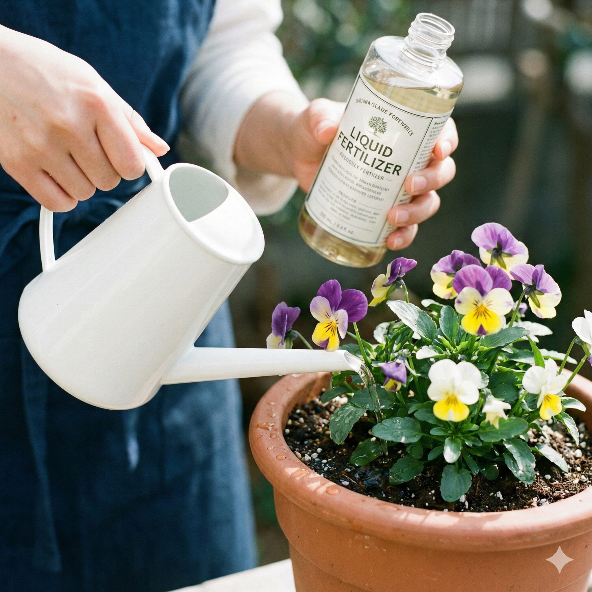 パンジーに似た花9　パンジーの株元にジョウロで水やりと液体肥料の追肥を行う様子