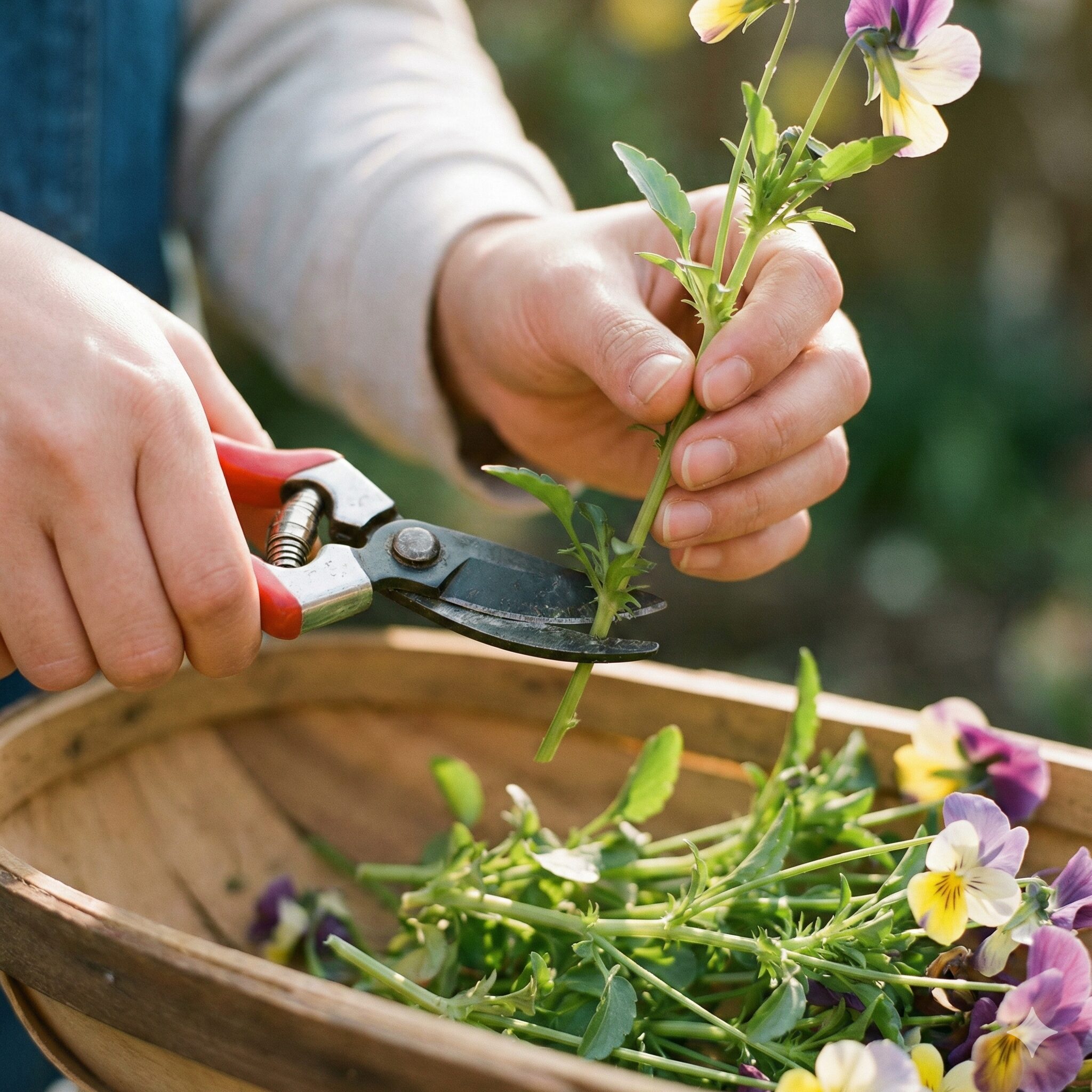 パンジー苗 植え方10 春の満開を再び迎えるために行うパンジーの切り戻し剪定の様子