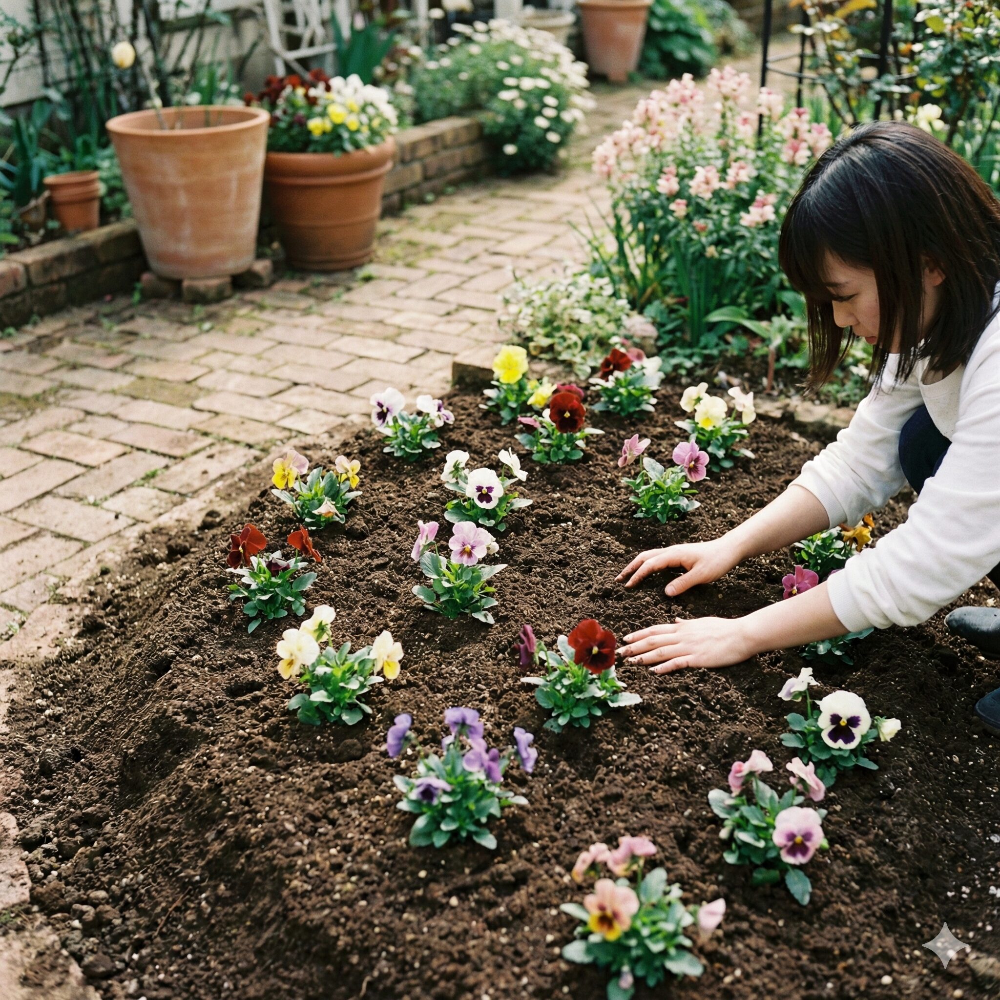 パンジー苗 植え方5 地植えのパンジー苗の植え方で排水性を向上させるための高畝作りの例