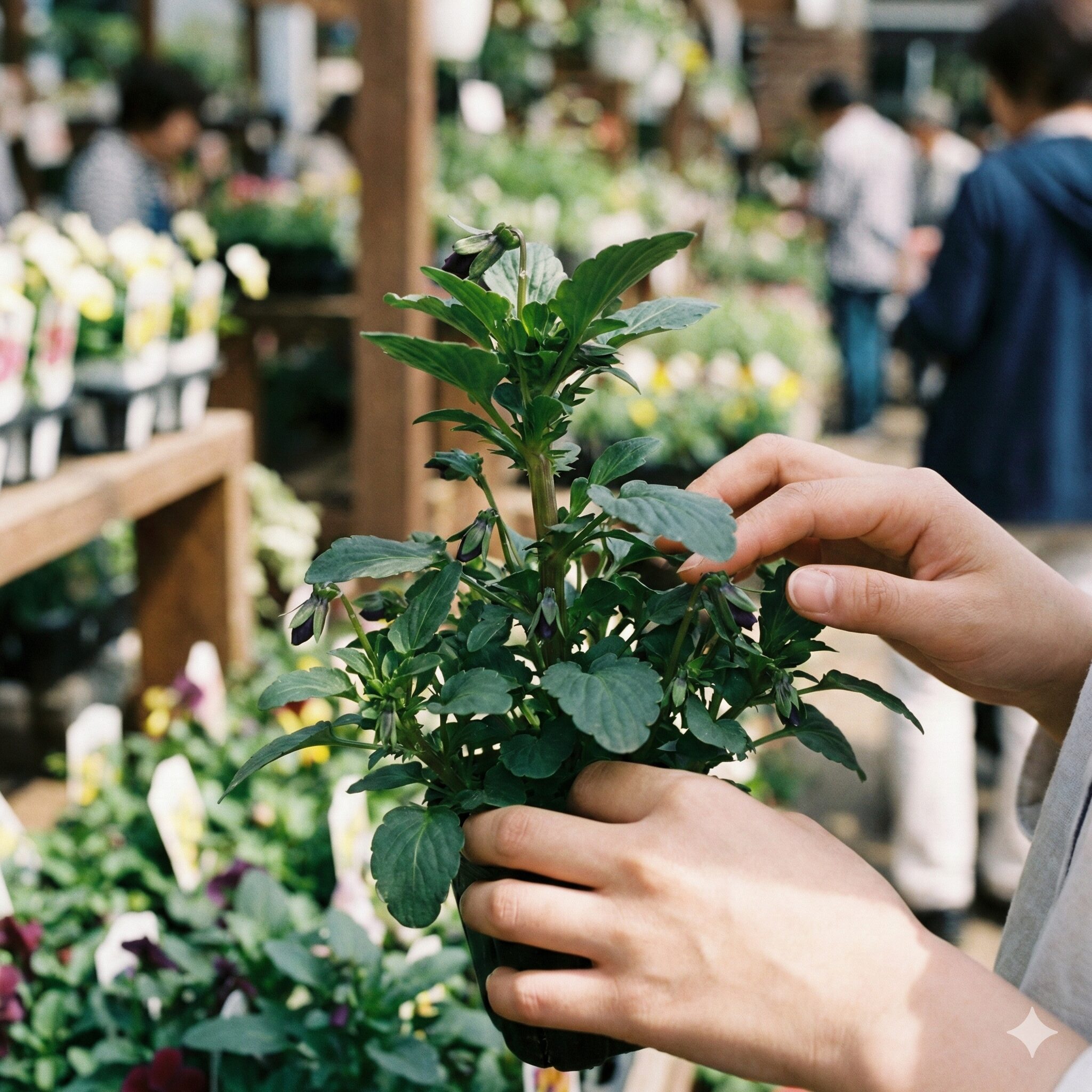 パンジー苗 植え方6 茎が太くつぼみが多い健康なパンジーの苗を厳選する様子