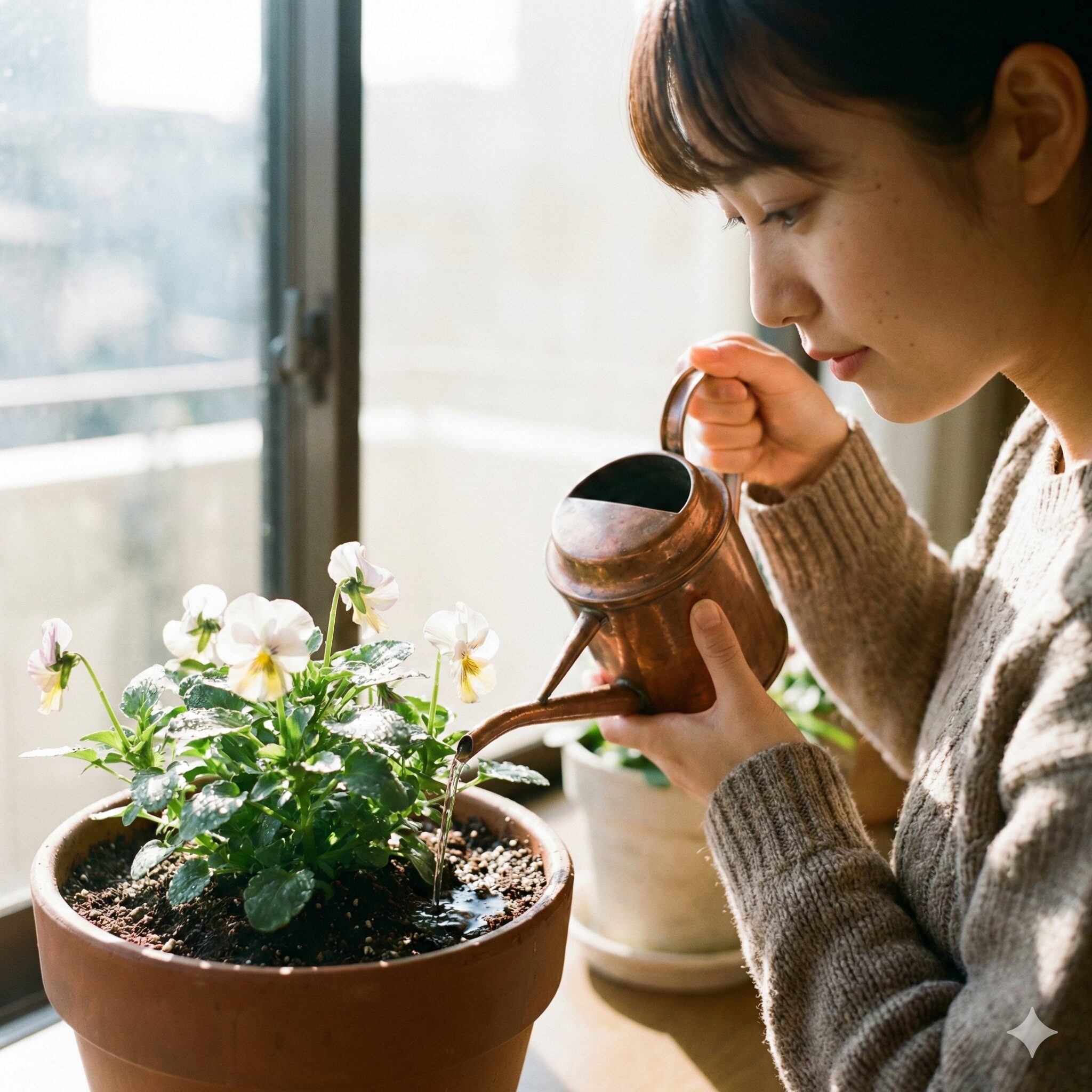 パンジー苗 植え方7 冬の午前中の日差しの中でパンジーの株元へ丁寧に行う水やり