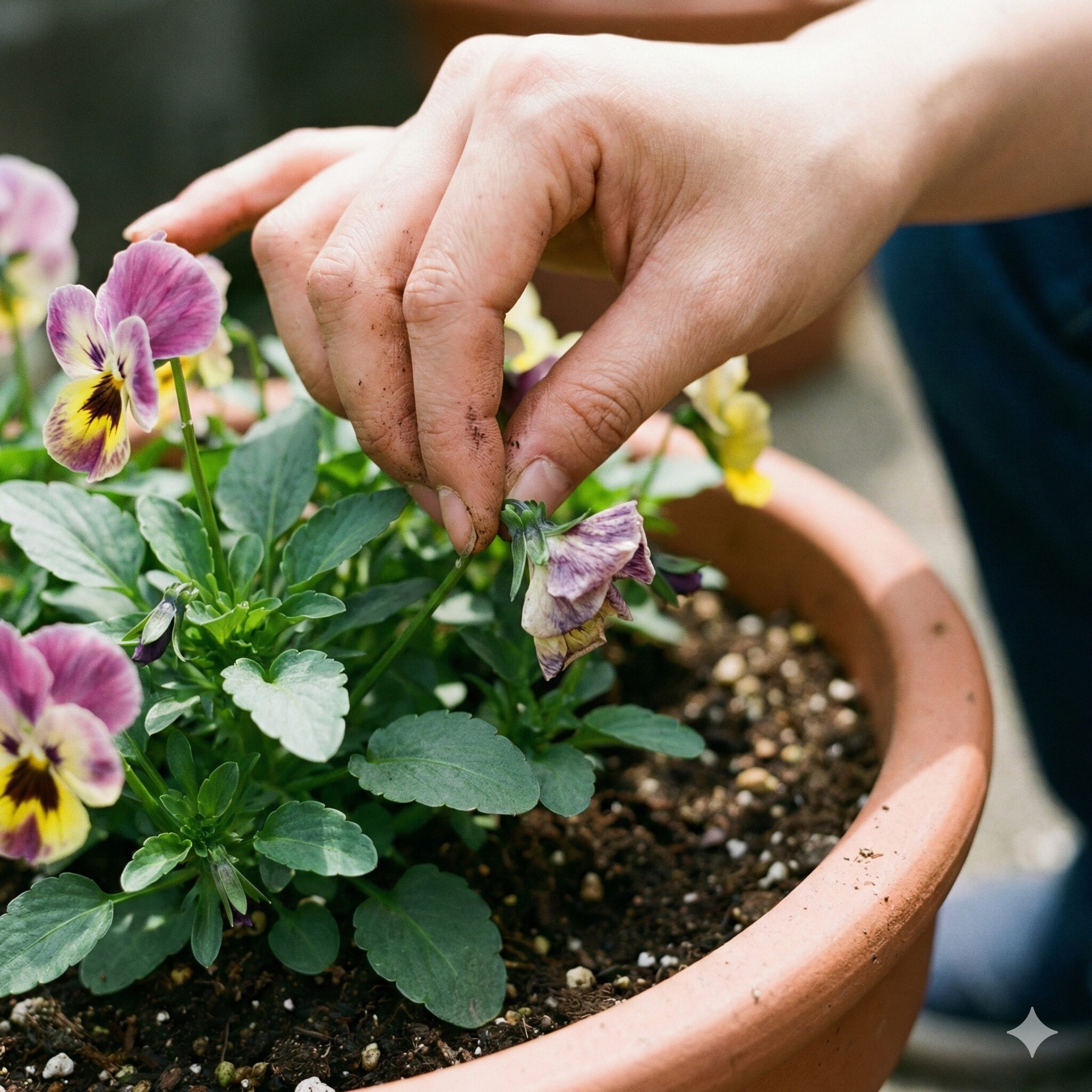 パンジー苗 植え方8 次の花を咲かせるために不可欠なパンジーの花がら摘み作業