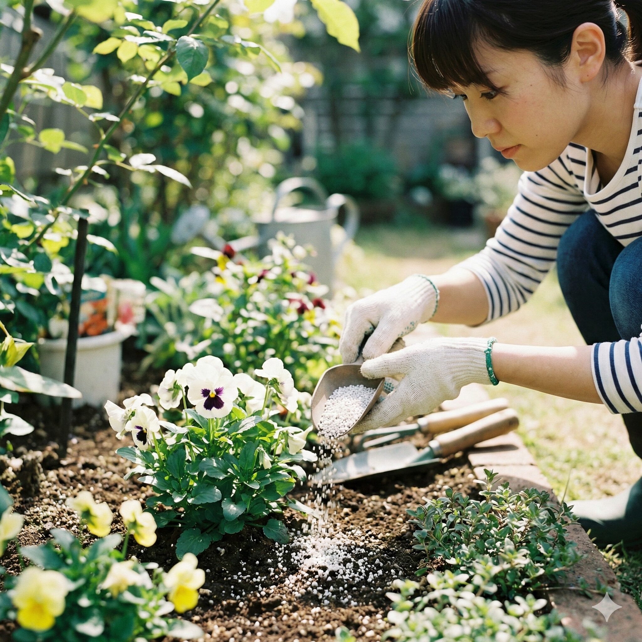 パンジー苗 植え方9 パンジーのアブラムシ予防のために株元の土へ粒剤を散布する様子