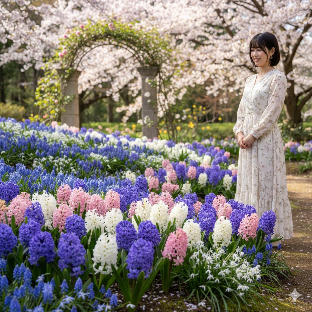 ヒヤシンス 似た花1 小さな壺状の花が房状に密集して咲く、鮮やかな青紫色のムスカリの花穂のクローズアップ