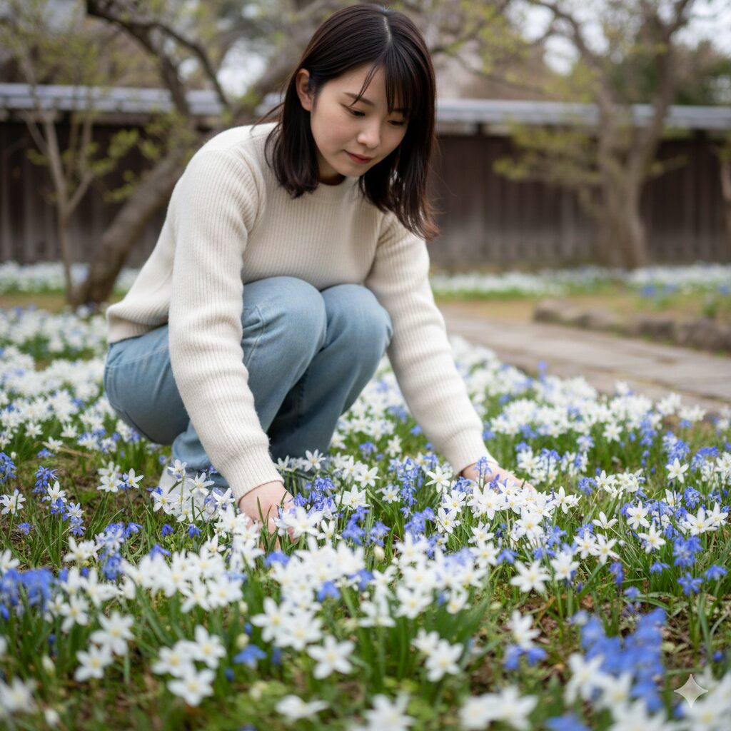 ヒヤシンス 似た花10 早春の庭で群生する、小さな白いオーニソガラムと青いチオノドクサの可愛らしい花々