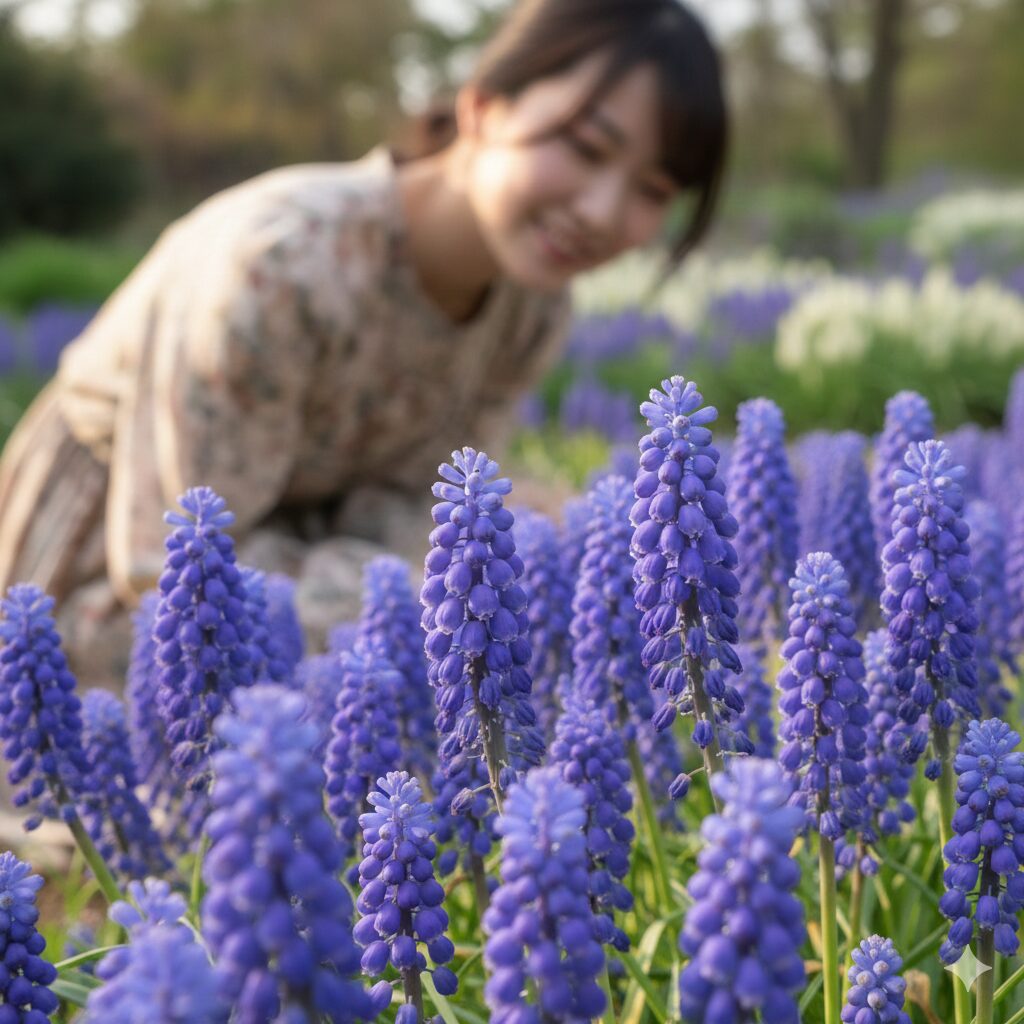 ヒヤシンス 似た花2 明るい窓辺のテーブルに置かれた、小さなガラス花瓶に活けられた可憐なムスカリの花