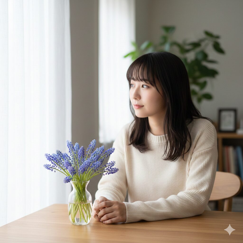 ヒヤシンス 似た花3 明るい窓辺のテーブルに置かれた、小さなガラス花瓶に活けられた可憐なムスカリの花