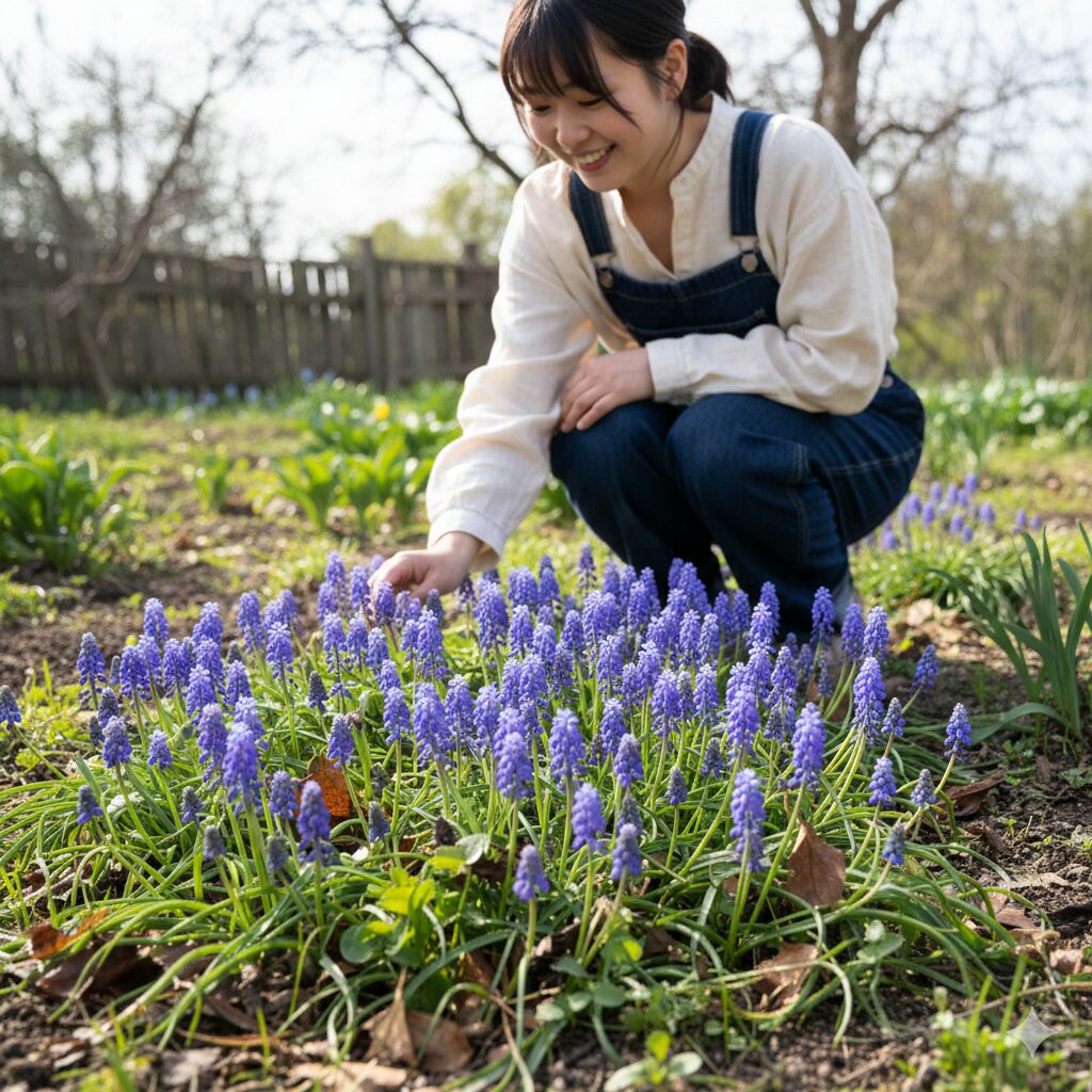 ヒヤシンス 似た花4 庭の地面で自然に群生し、植えっぱなしで毎年花を咲かせる強健なムスカリの様子