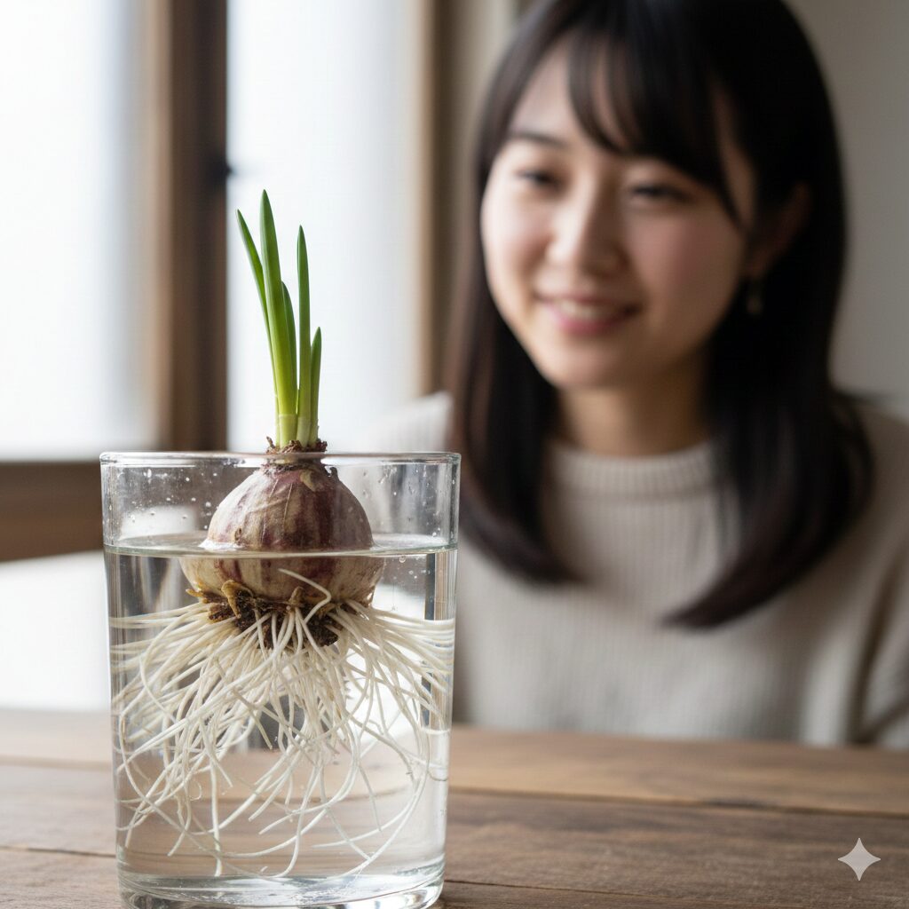 ヒヤシンス 似た花5 透明なガラス容器の中で白い根を伸ばし、芽を出し始めたムスカリの水栽培の様子