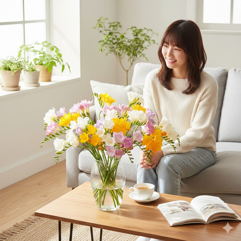 ヒヤシンス 似た花6 部屋を明るく彩る、黄色や白、ピンクなど色とりどりの芳香のあるフリージアの花