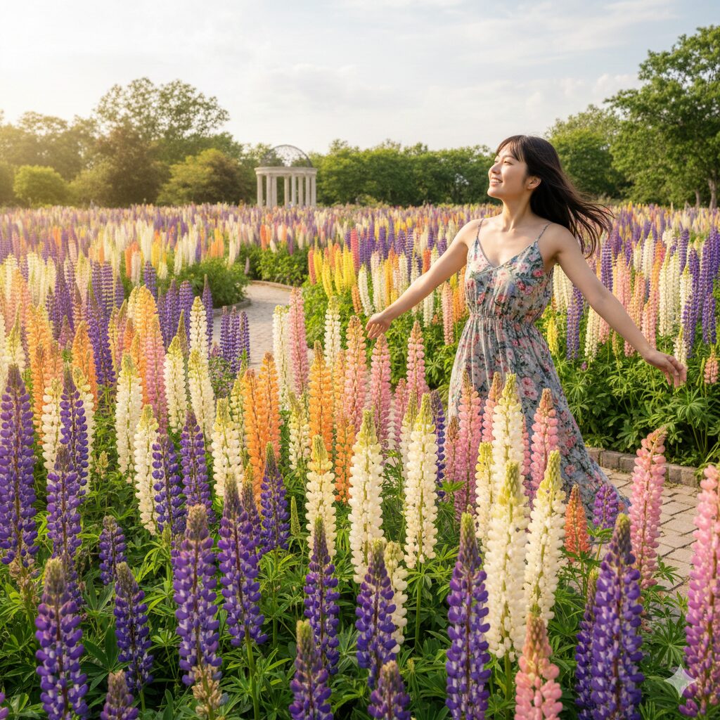 ヒヤシンス 似た花7 庭園で垂直に高く伸びる、ダイナミックなルピナスの色鮮やかな花穂の群生