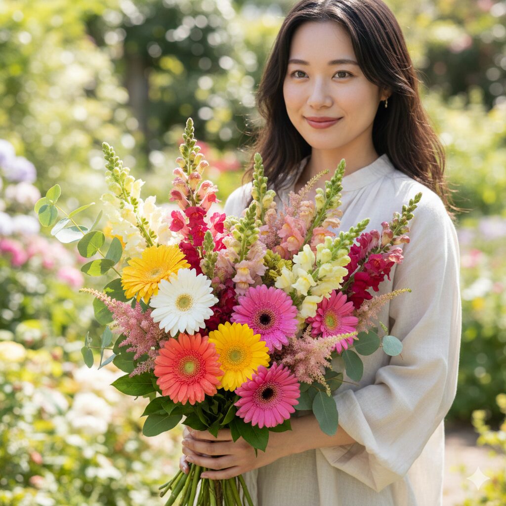 ヒヤシンス 似た花9 ペットにも安全な、明るい色彩のガーベラと穂状のキンギョソウを組み合わせた花束