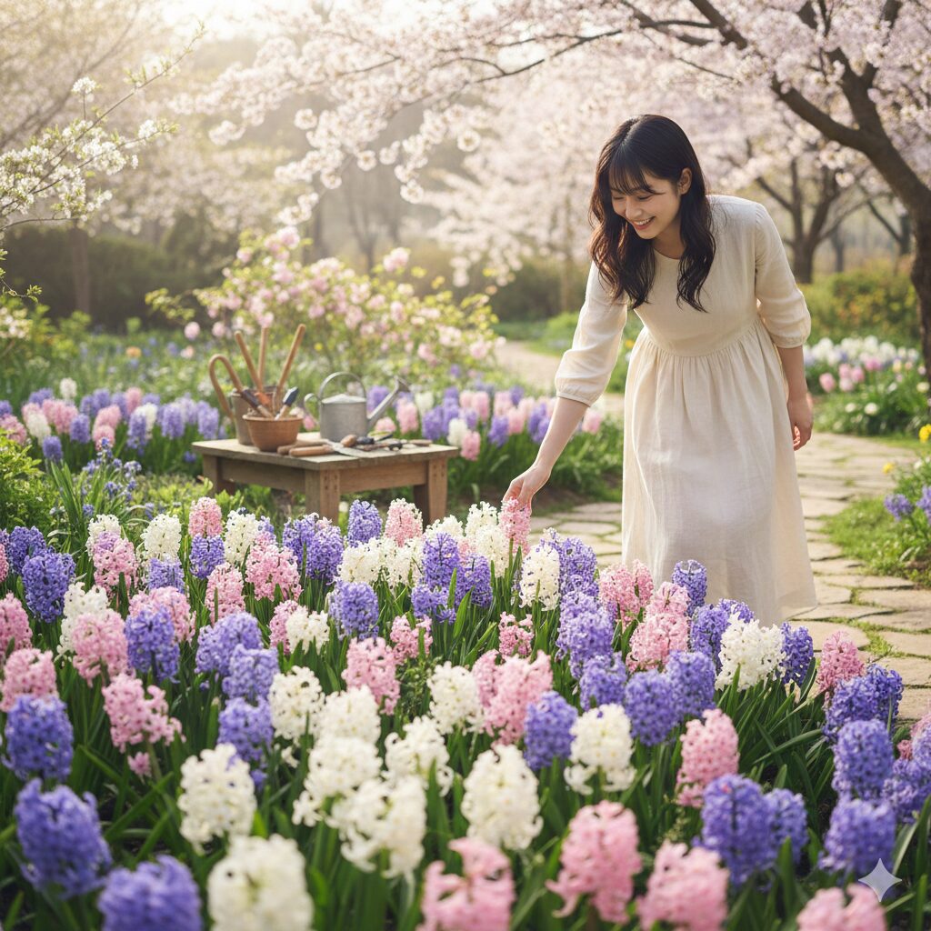 ヒヤシンス 植える時期1　春の庭園で満開に咲く色鮮やかで芳醇な香りのヒヤシンスの花