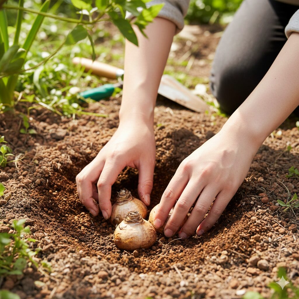 ヒヤシンス 植える時期2 地植えでヒヤシンスの球根を3個分の深さに正しく植え付ける手順