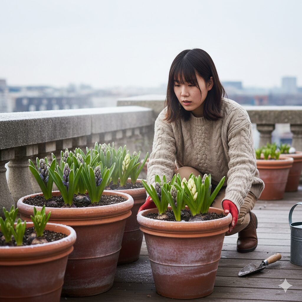 ヒヤシンス 植える時期3 冬の寒さに当てるために屋外で管理されるヒヤシンスの鉢植え