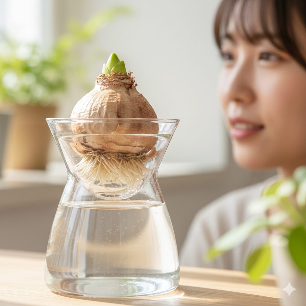 ヒヤシンス 植える時期4 水耕栽培の開始時に球根の底が水に触れるか触れないかの水位に調整した様子