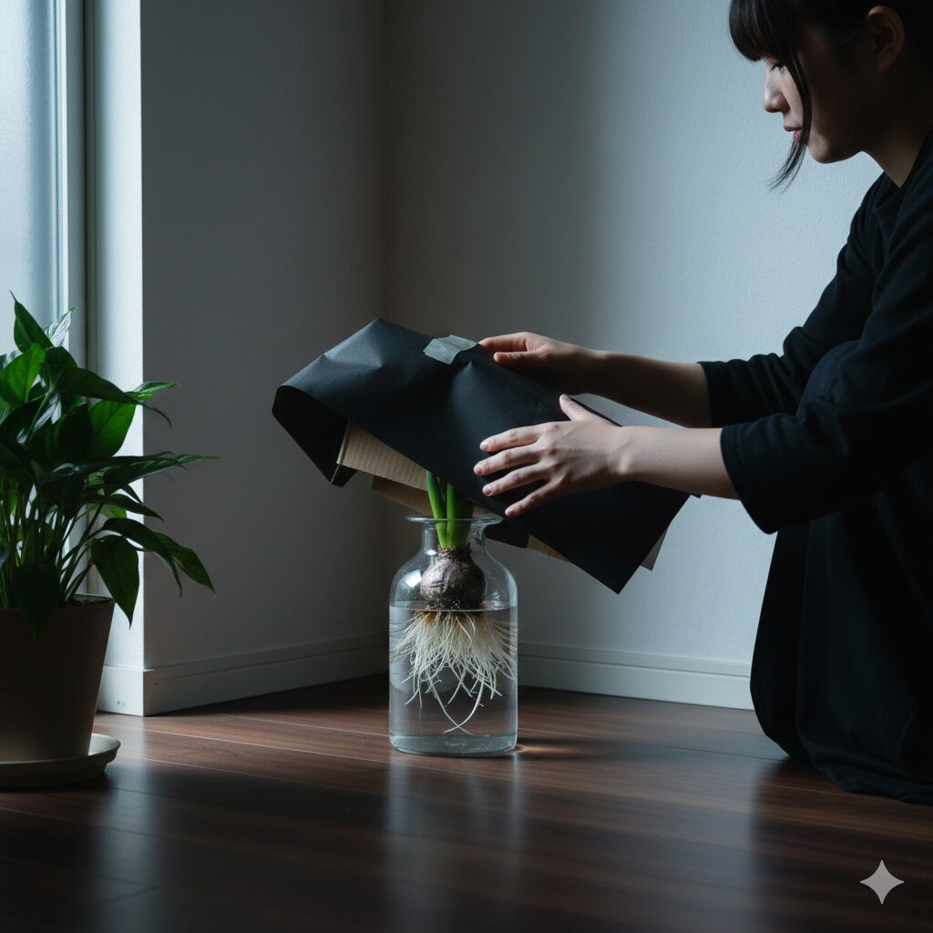ヒヤシンス 植える時期5 発根を促すために段ボール箱を被せて暗所で管理するヒヤシンスの水栽培