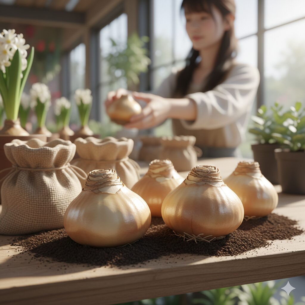 ヒヤシンス 植える時期6 ずっしりと重みがあり外皮に艶がある健康で良質なヒヤシンスの球根