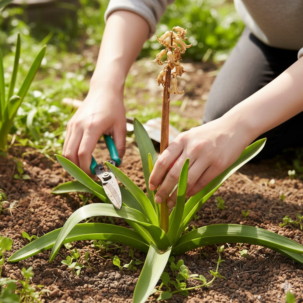 ヒヤシンス 植える時期9 開花後に花茎だけを切り取り光合成のために緑の葉を大切に残したヒヤシンス