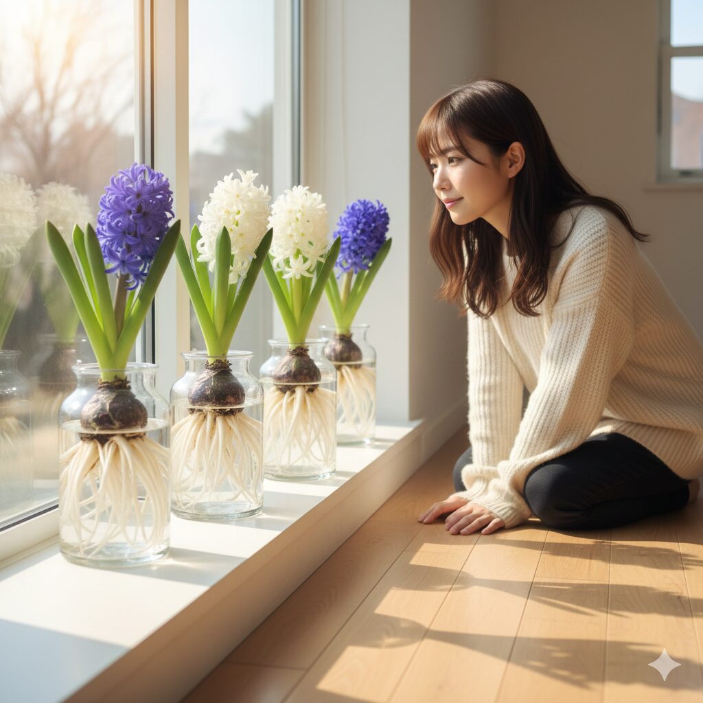 ヒヤシンス 水栽培 日当たり1　冬の窓際で満開に咲いたヒヤシンスの水栽培。透明な容器の中に広がる健康的な白い根と、日当たりを活かした室内園芸の成功例を示すメイン画像。