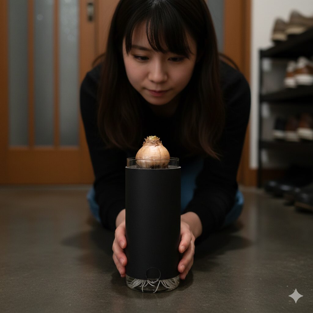 ヒヤシンス 水栽培 日当たり2　ヒヤシンス水栽培の暗黒管理。容器を黒い紙で覆い、土の中の暗闇を再現して初期の発根を促進させる具体的な遮光方法。