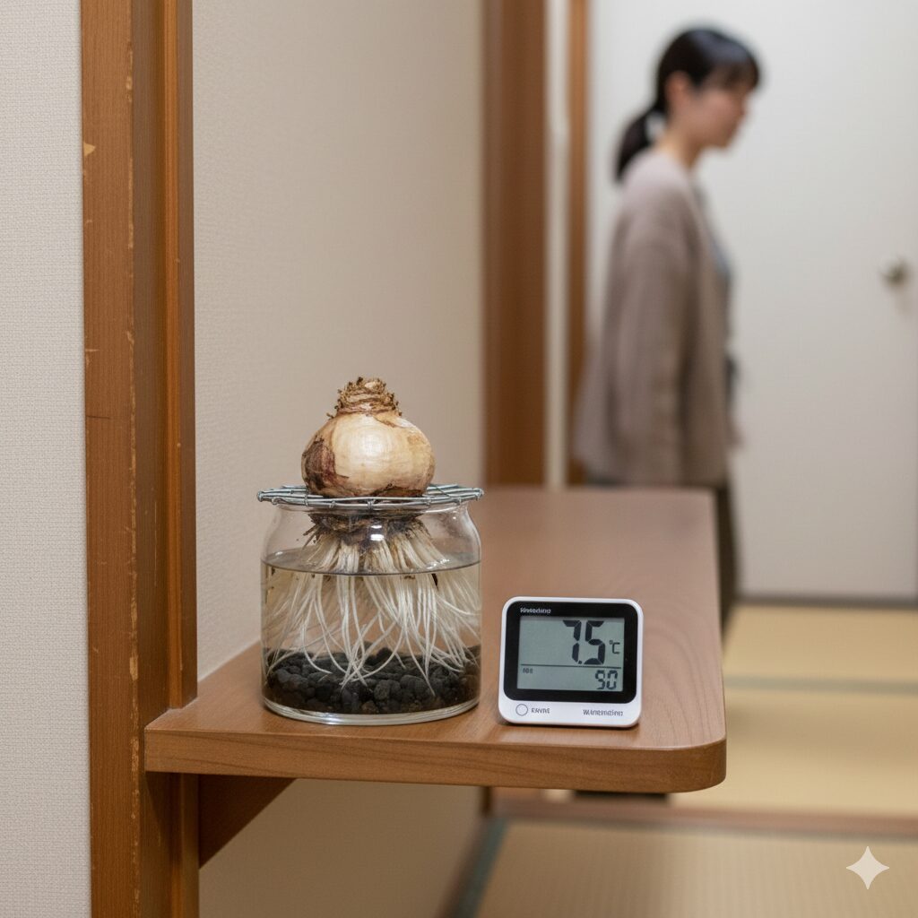 ヒヤシンス 水栽培 日当たり3　ヒヤシンスの低温処理に最適な環境。温度計が7.5度を指す涼しい玄関先での管理風景と、春化（バーナリゼーション）の重要性を示す画像。