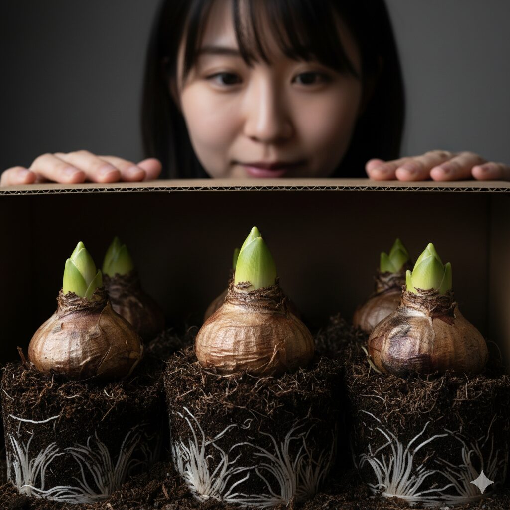 ヒヤシンス 水栽培 日当たり4　遮光管理中に発芽し始めたヒヤシンスの球根。暗く涼しい場所でエネルギーを蓄え、力強く芽を出し始めた初期の成長過程。
