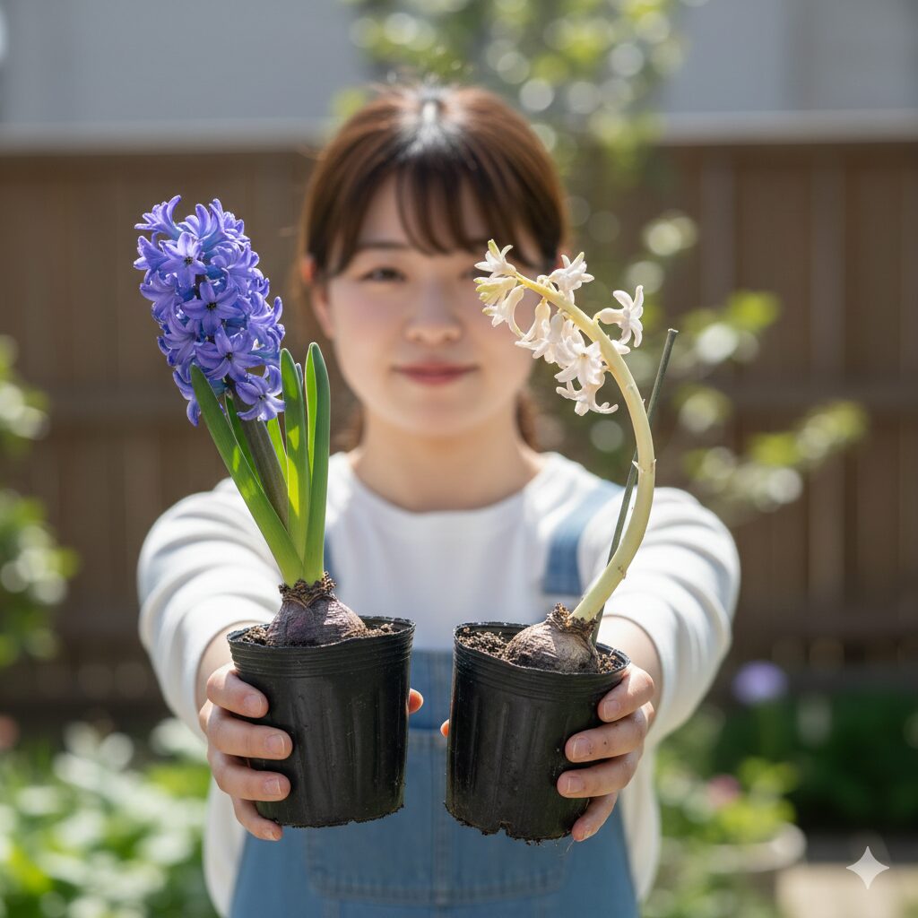 ヒヤシンス 水栽培 日当たり5　ヒヤシンスの徒長（とちょう）の比較。適切な日当たりと温度でがっしり育った株と、光不足で弱々しく伸びてしまった株の成長差。