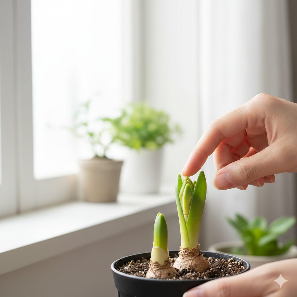 ヒヤシンス 水栽培 日当たり6　窓際へ移動する目安となる3cmのヒヤシンスの芽。緑色に変化し光合成を開始する直前の、最適な日当たりデビューのタイミング。