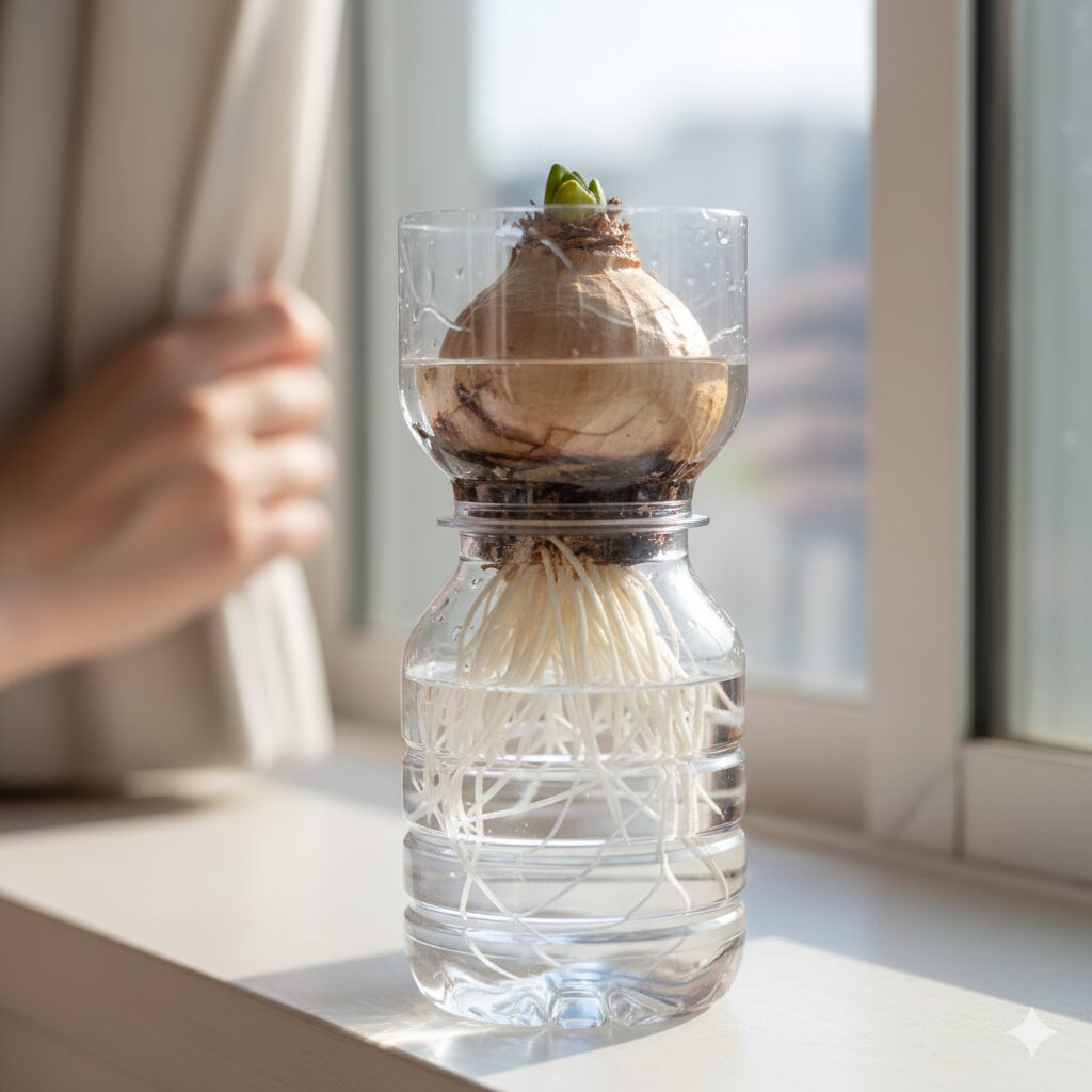 ヒヤシンス 水栽培 日当たり7　ペットボトルを再利用した自作のヒヤシンス水栽培容器。誰でも簡単にできる代用容器の作り方と機能的な構造。