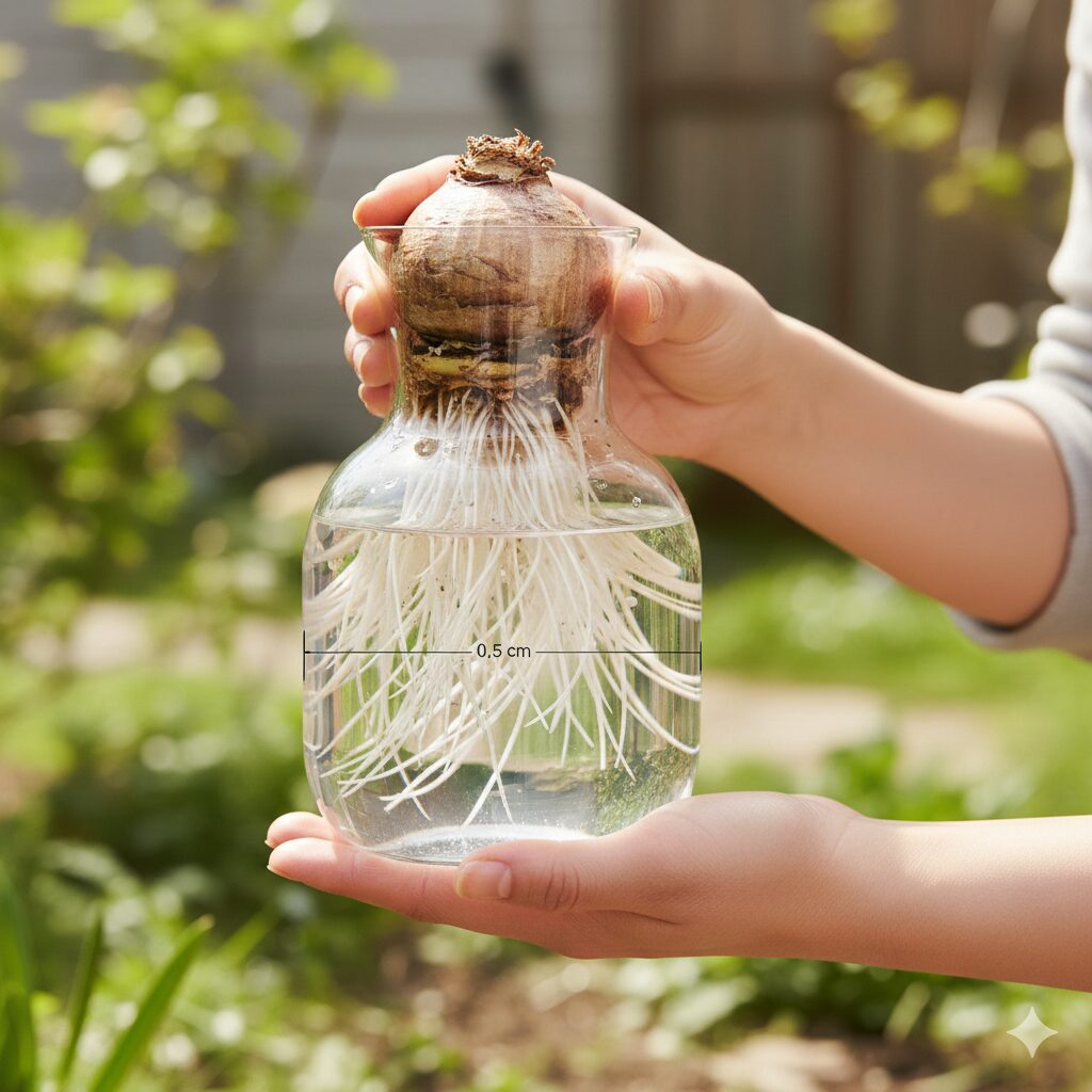 ヒヤシンス 水栽培 日当たり8　根腐れを防止するヒヤシンス水栽培の水位管理。球根の底を水から離し、根の呼吸を助けるための空気の層の作り方。