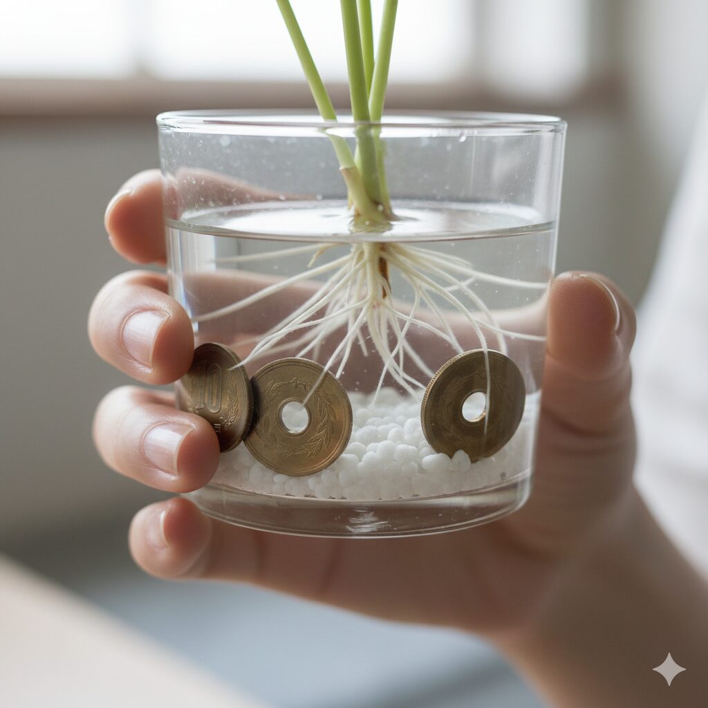 ヒヤシンス 水栽培 日当たり9　10円玉とゼオライトによる水質浄化。銅イオンと吸着作用を利用して雑菌の繁殖を抑え、清潔な水を保つためのメンテナンス術。