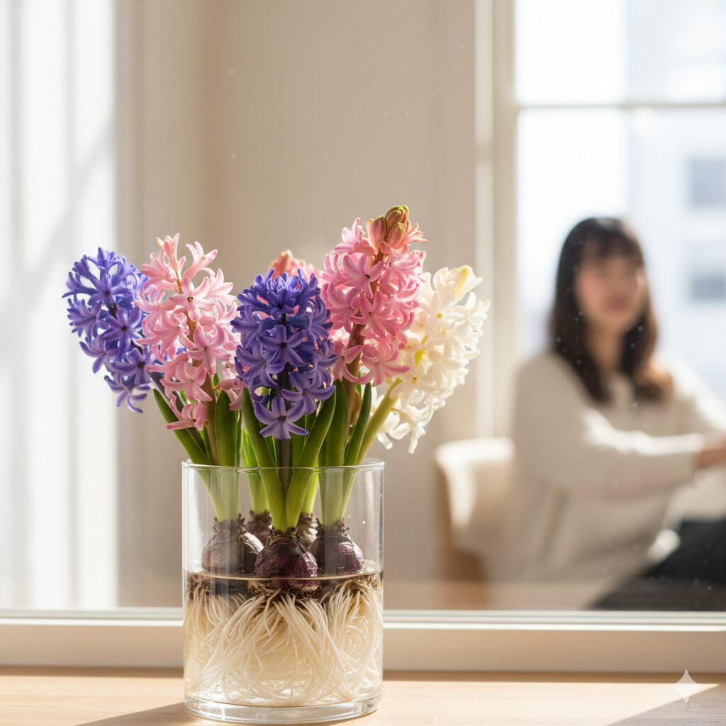 ヒヤシンス水栽培 いつまで1　窓辺で満開の花を咲かせる、色とりどりのヒヤシンス水栽培の様子。