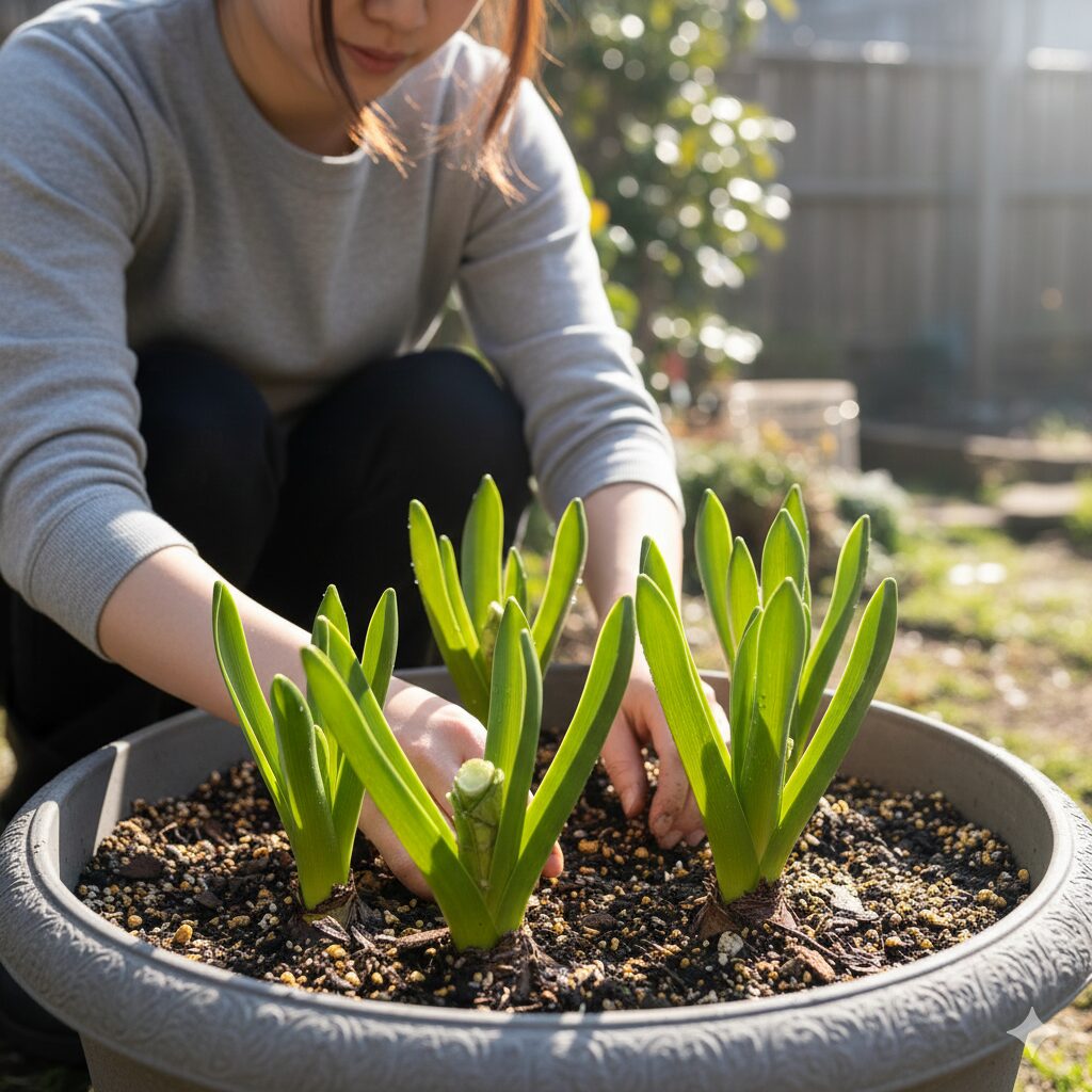 ヒヤシンス水栽培 いつまで10 翌年の開花に向けて、花後に土へ植え替えられ、葉を残して肥培管理されているヒヤシンス。