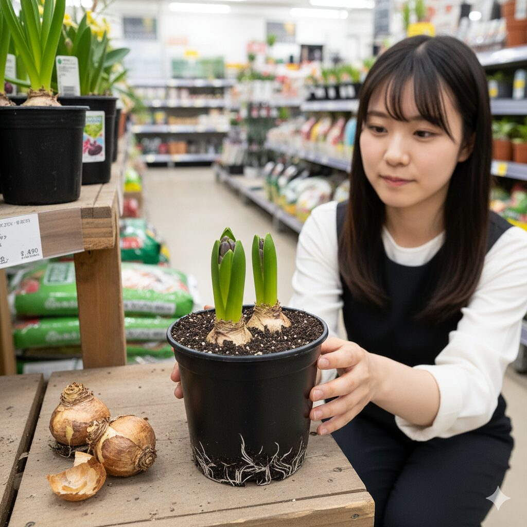 ヒヤシンス水栽培 いつまで3 ポット苗として販売されている、芽が出始めたヒヤシンスの芽出し球根。