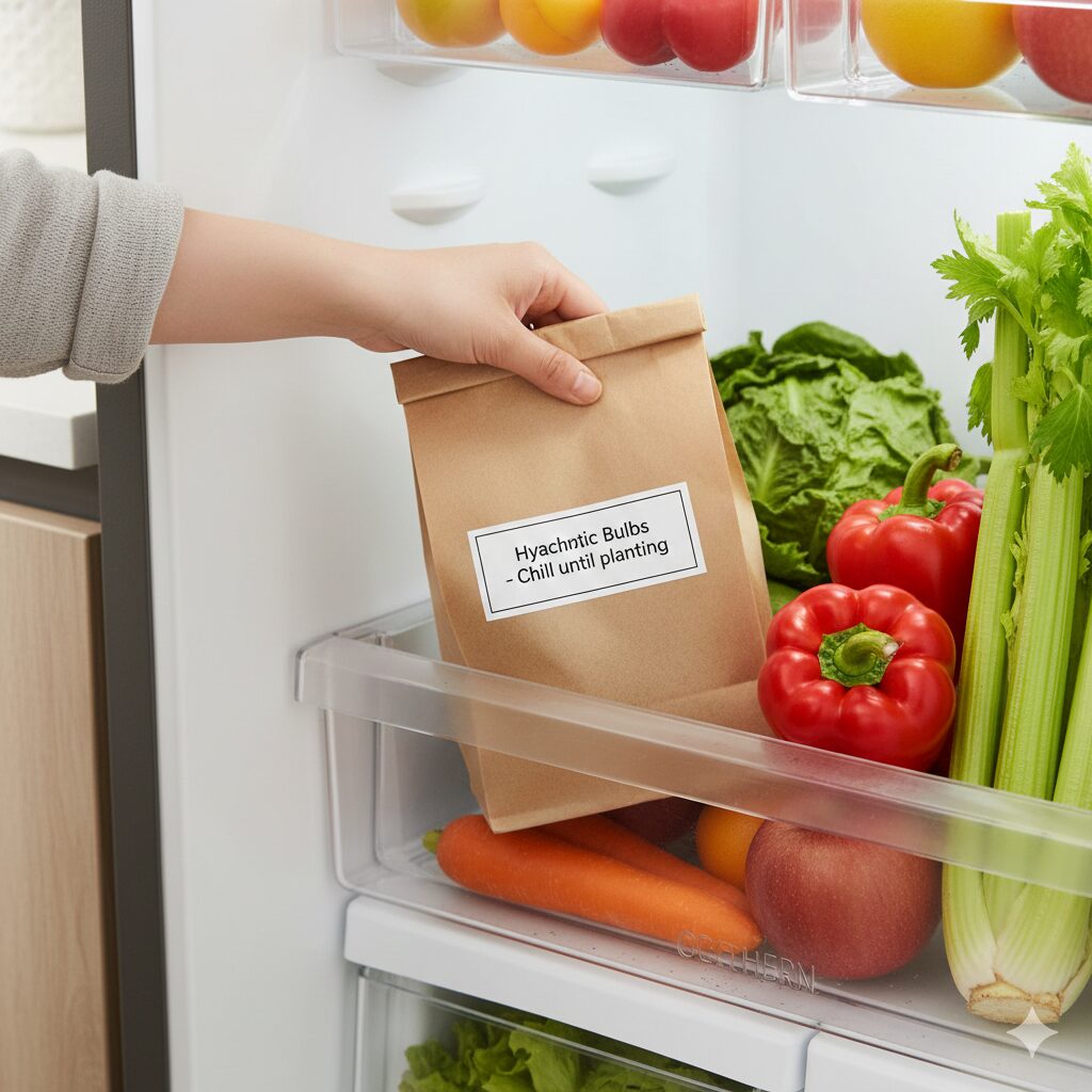 ヒヤシンス水栽培 いつまで4 冷蔵庫の野菜室内で紙袋に入れて低温処理(春化処理)されているヒヤシンス球根。