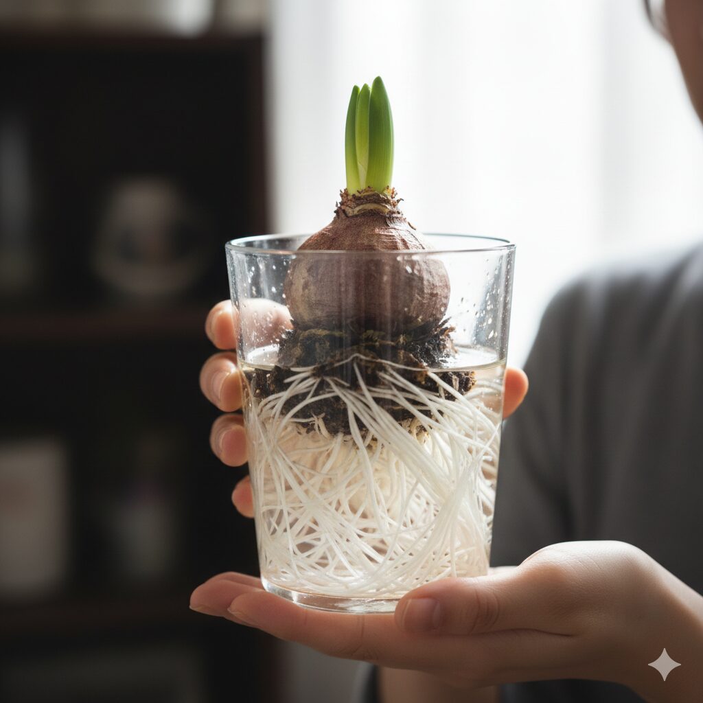 ヒヤシンス水栽培 いつまで5 暗所管理を終える目安となる、十分に根が伸びて芽が2cmほど出たヒヤシンスの球根。