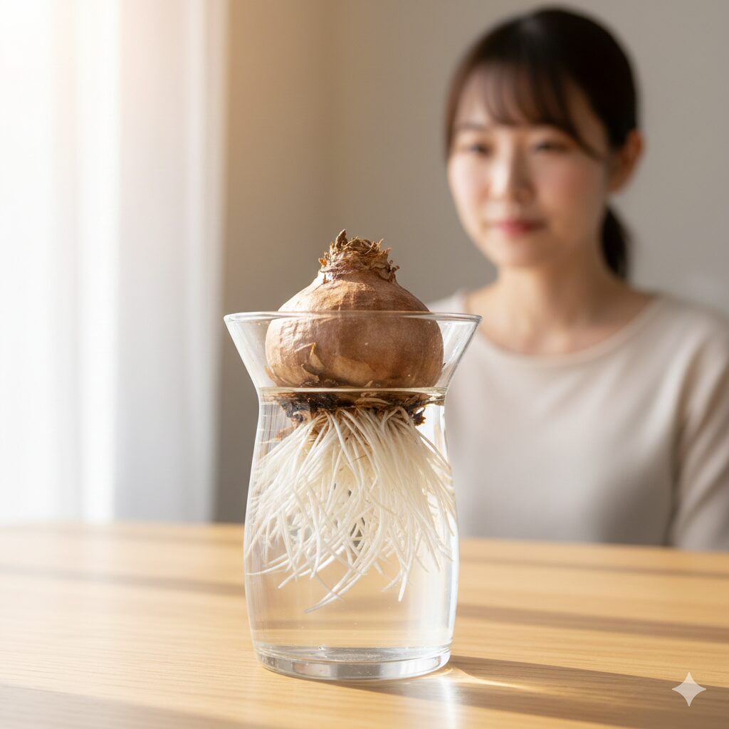 ヒヤシンス水栽培 いつまで7 ヒヤシンス水栽培で球根の腐敗を防ぐための、球根底部と水面の間に空気層を設けた理想的な水位。