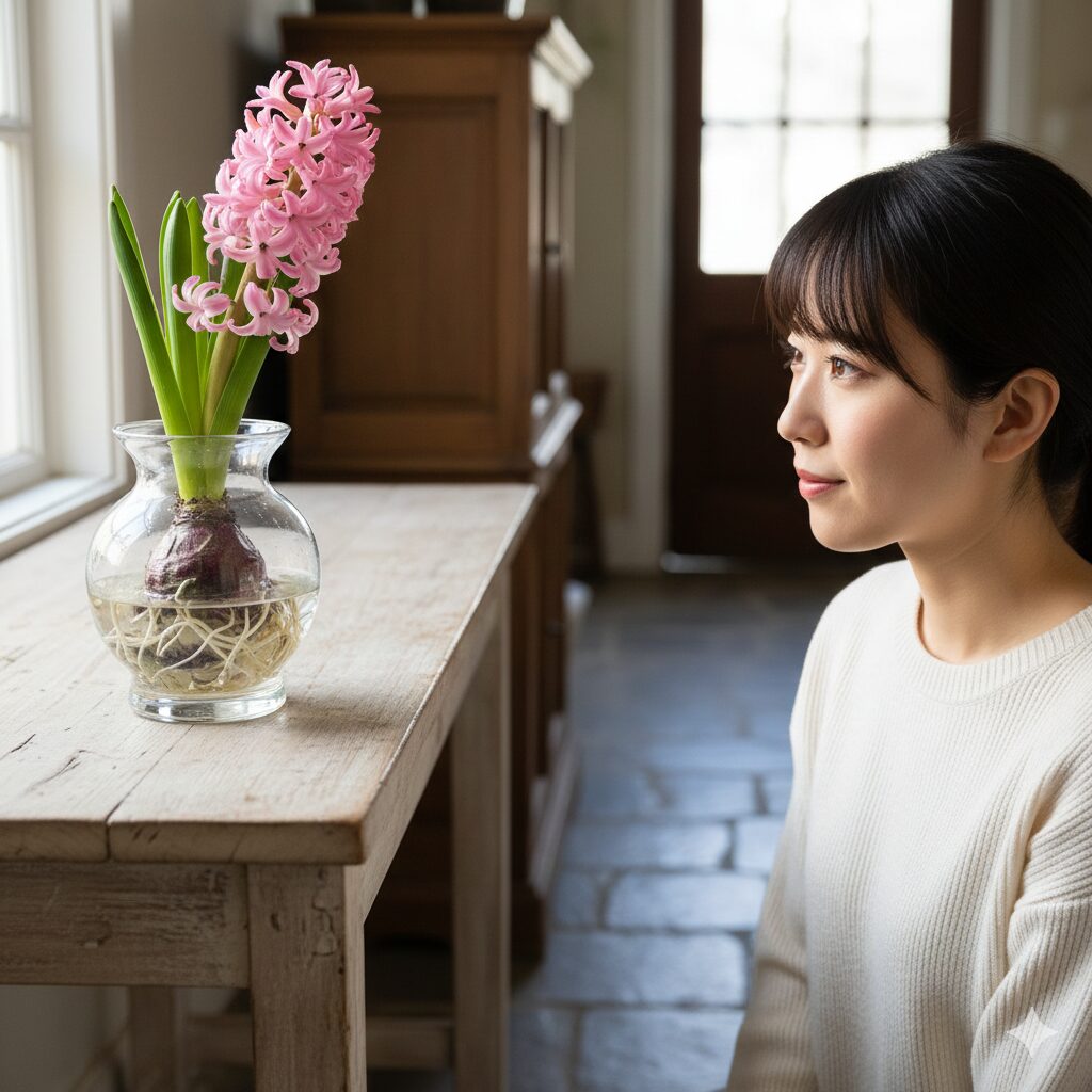 ヒヤシンス水栽培 いつまで8 花持ちを良くするために、暖房のない涼しい場所に飾られた満開のヒヤシンス。